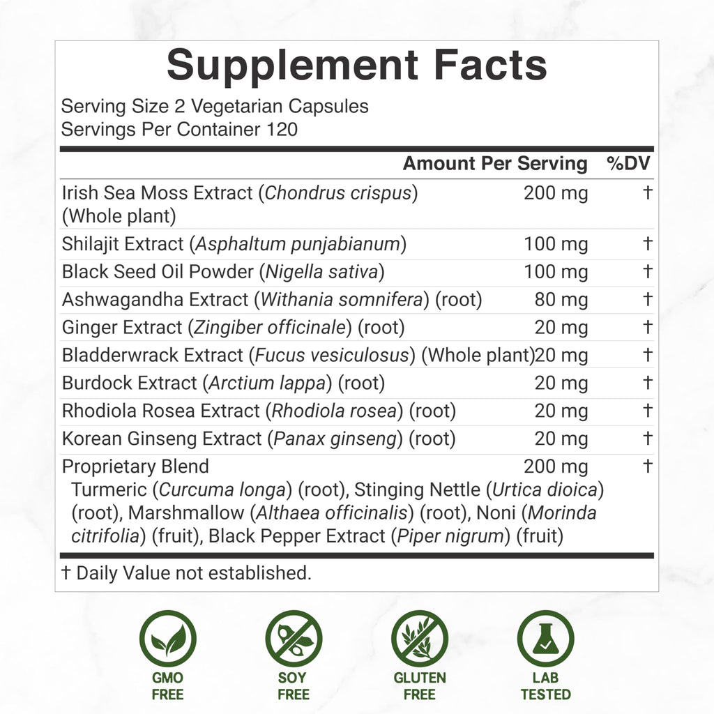 DEAL SUPPLEMENT Irish Sea Moss 240 Veggie Capsules – 14 Superfood Complex with Black Seed Oil, Ashwagandha, & Ginger - TrustMedUSA
