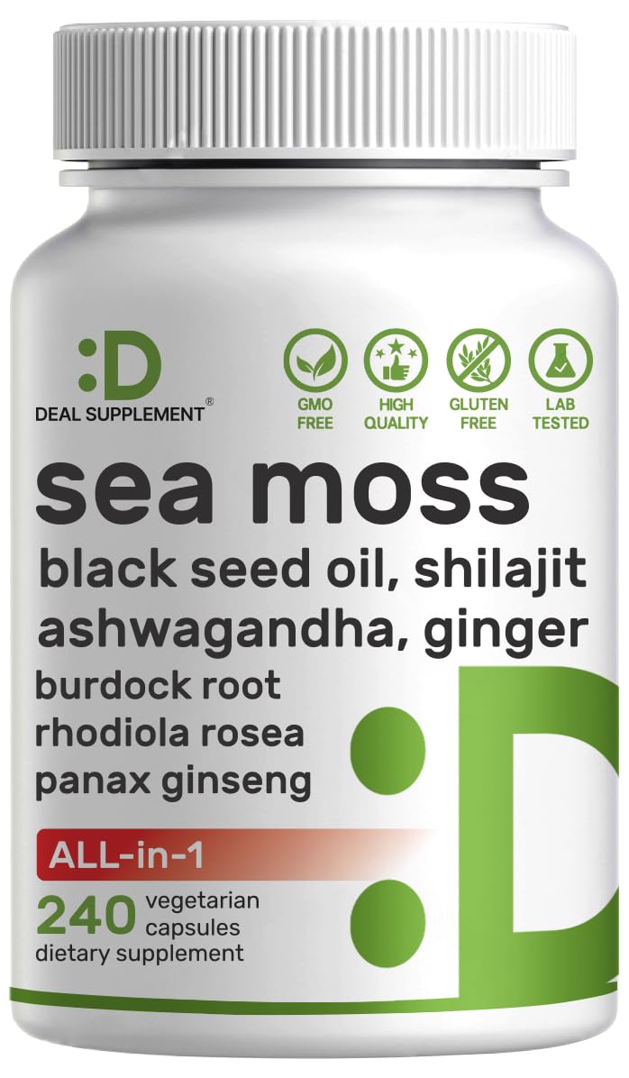 DEAL SUPPLEMENT Irish Sea Moss 240 Veggie Capsules – 14 Superfood Complex with Black Seed Oil, Ashwagandha, & Ginger - TrustMedUSA