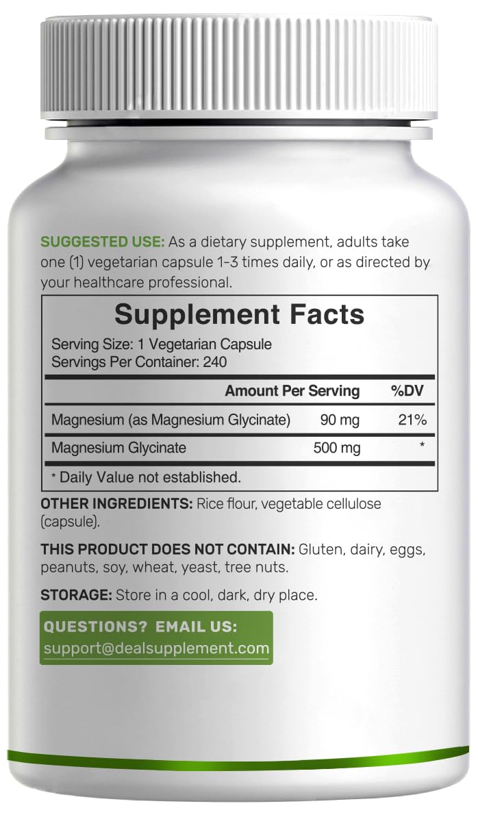Deal Supplement Magnesium Glycinate 500mg, 240 Veggie Capsules | 100% Chelated for Easy Absorption | Essential Mineral Supplement | Non-GMO, Gluten-Free - TrustMedUSA
