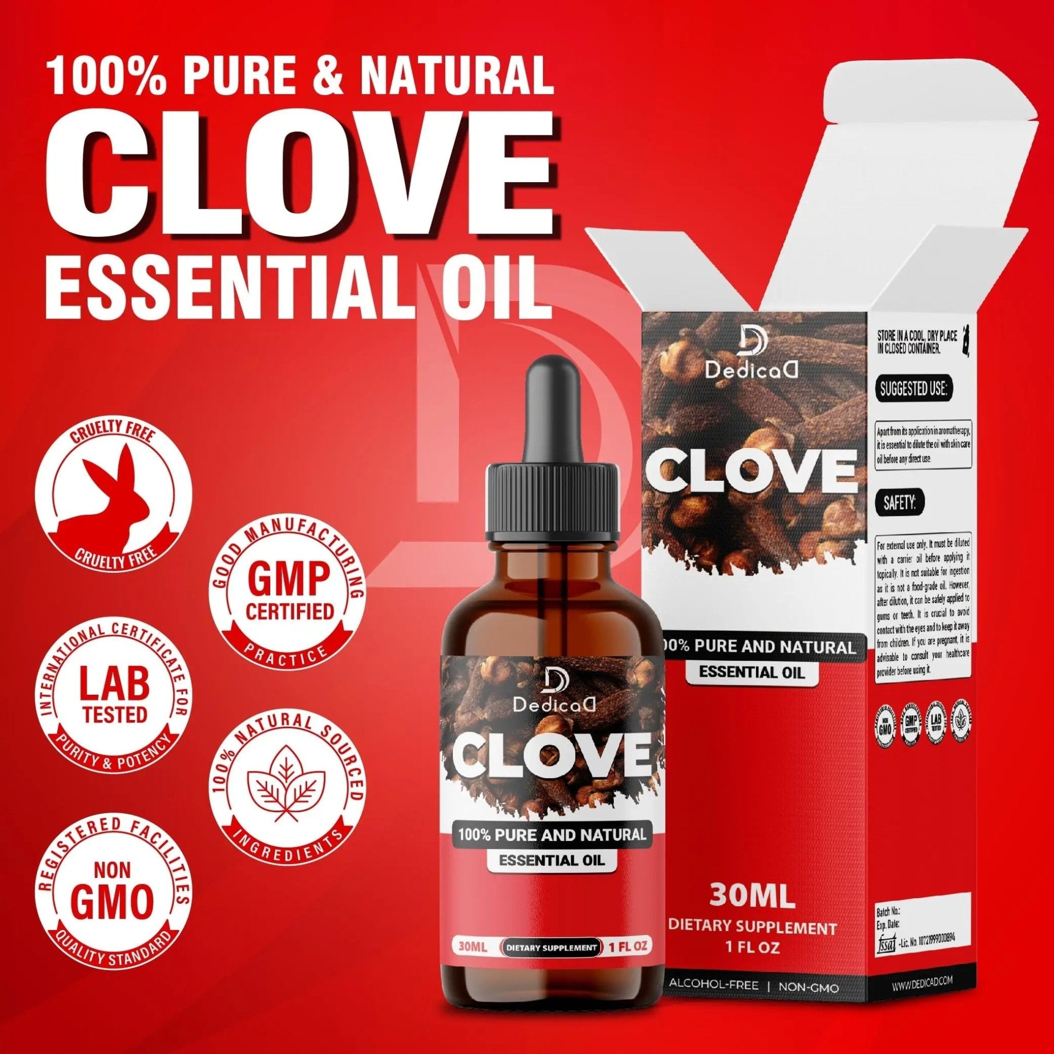 DEDICAD - 1 FL Oz - 30ml - Clove Essential Oil Supplement – for Toothache, Oral Care, Skin & Hair – Clove Oil Organic - TrustMedUSA