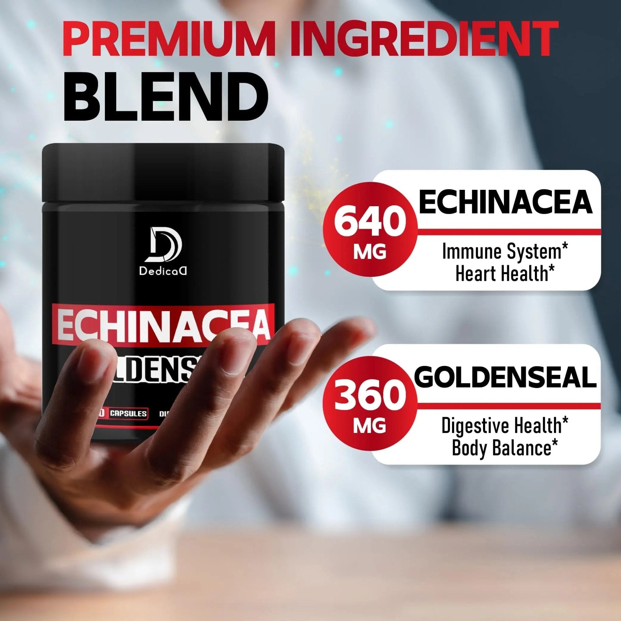 DEDICAD 1000mg Echinacea Goldenseal Capsules - Support Immune System, Well-Being & Overal Health - 60 Veggie Capsules - Non-GMO, Gluten-Free - TrustMedUSA