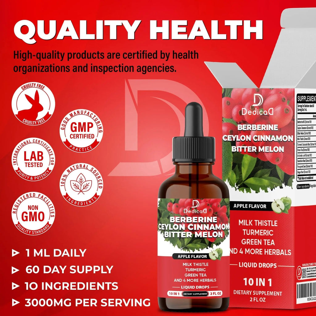 DEDICAD 10in1 Berberine HCl Drops - Liposomal Berberine Liquid - Activator Berberine with Ceylon Cinnamon, Bitter Melon, and 7 More - 60ml - TrustMedUSA