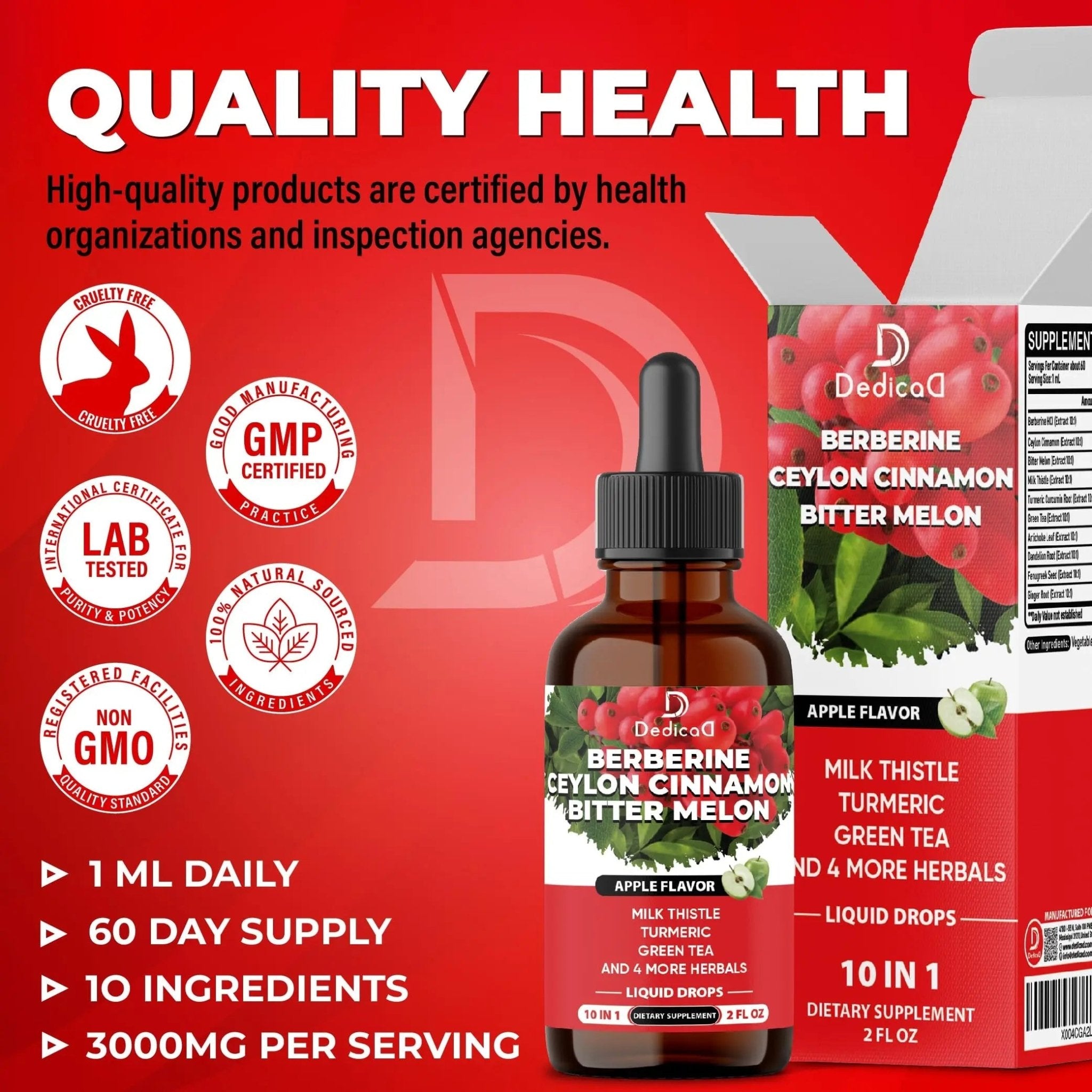 DEDICAD 10in1 Berberine HCl Drops - Liposomal Berberine Liquid - Activator Berberine with Ceylon Cinnamon, Bitter Melon, and 7 More - 60ml - TrustMedUSA