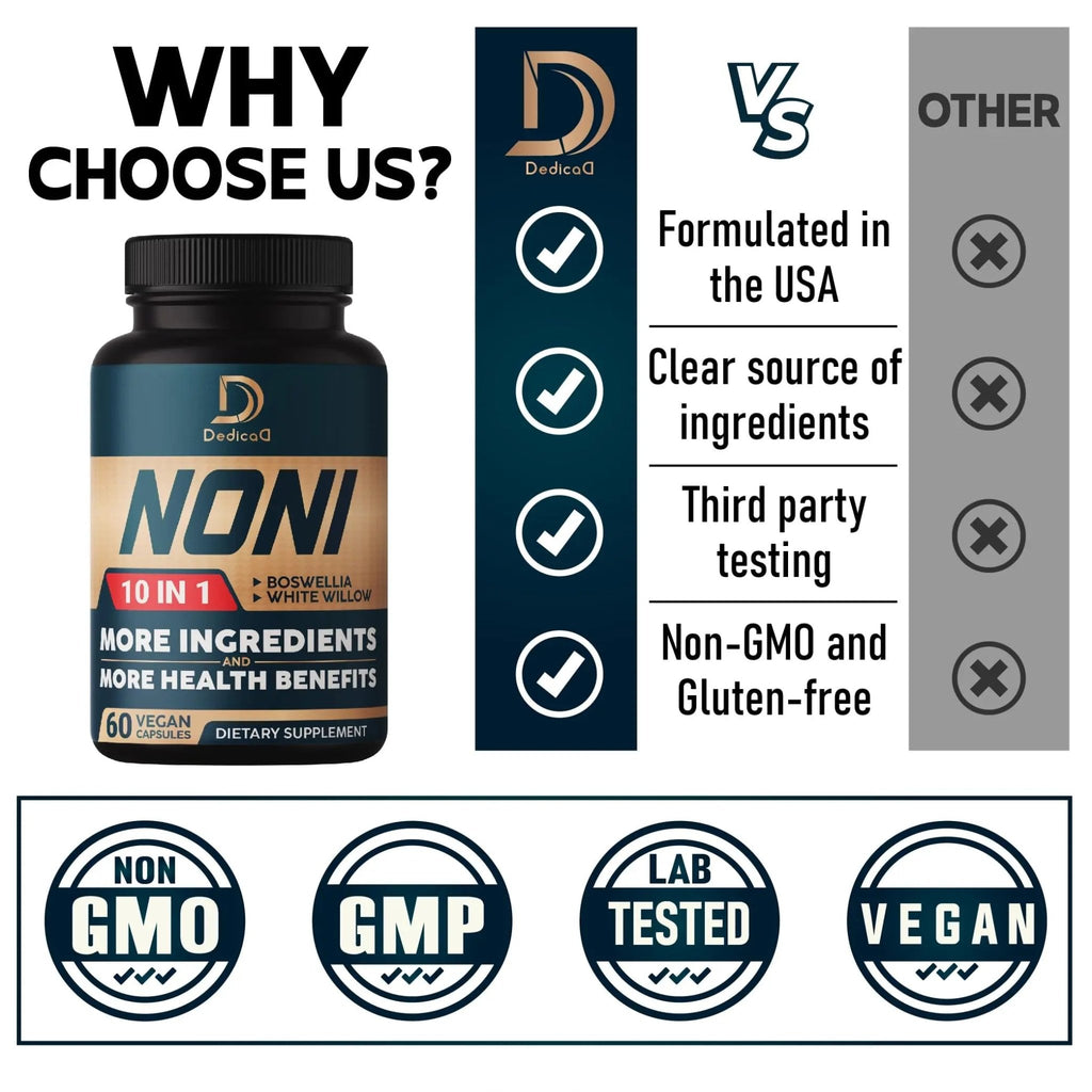 DEDICAD 10in1 Noni Capsules - 4 Month Supply with Elderberry, Boswellia, Turmeric, Ginger & More - Support Muscle, Joint, Digestive & Immune - 2 Packs of 60 Vegan Capsules, Non-GMO & Gluten-Free - TrustMedUSA