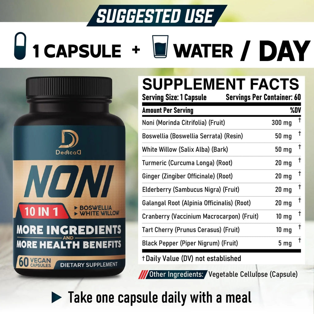 DEDICAD 10in1 Noni Capsules - 4 Month Supply with Elderberry, Boswellia, Turmeric, Ginger & More - Support Muscle, Joint, Digestive & Immune - 2 Packs of 60 Vegan Capsules, Non-GMO & Gluten-Free - TrustMedUSA