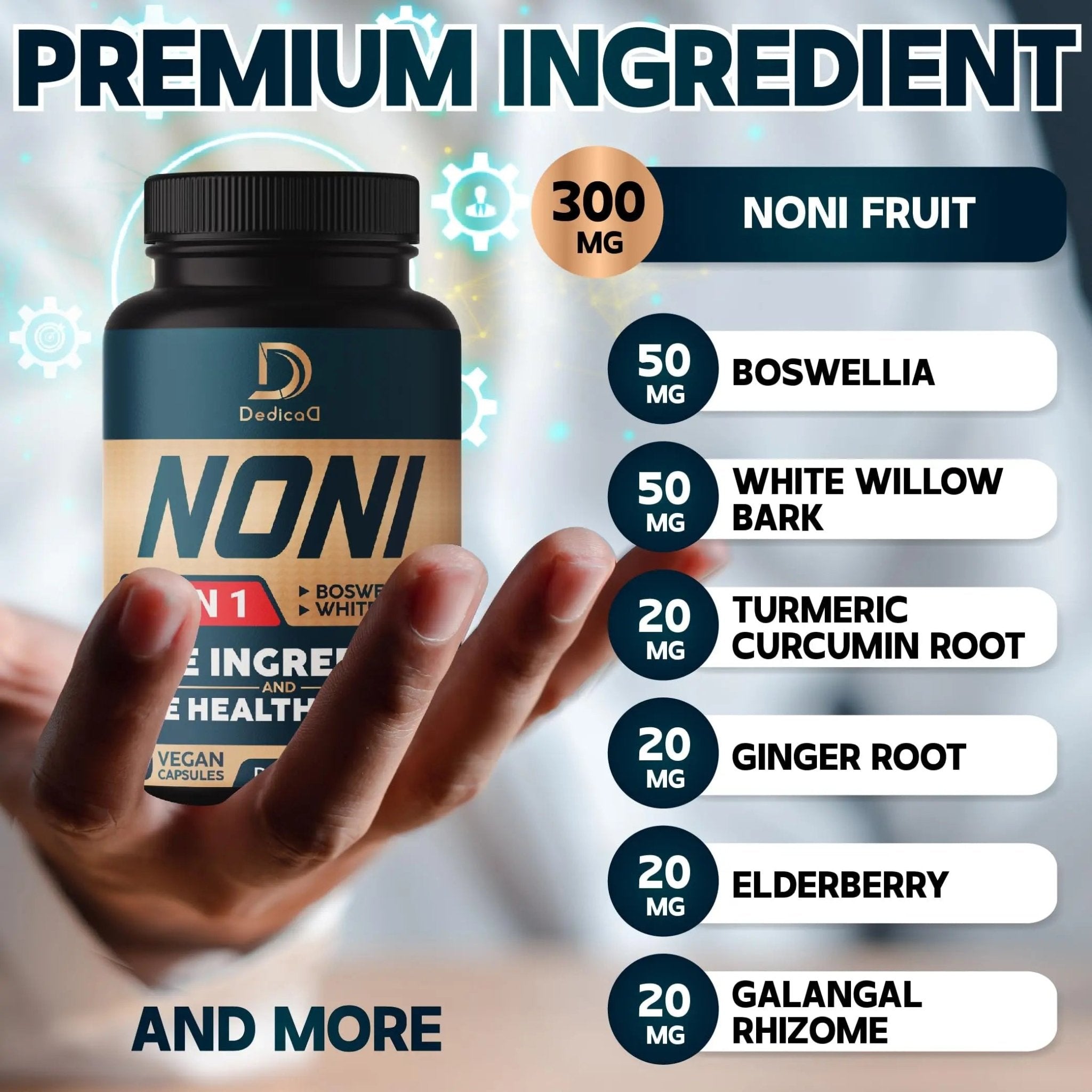 DEDICAD 10in1 Noni Capsules - 4 Month Supply with Elderberry, Boswellia, Turmeric, Ginger & More - Support Muscle, Joint, Digestive & Immune - 2 Packs of 60 Vegan Capsules, Non-GMO & Gluten-Free - TrustMedUSA