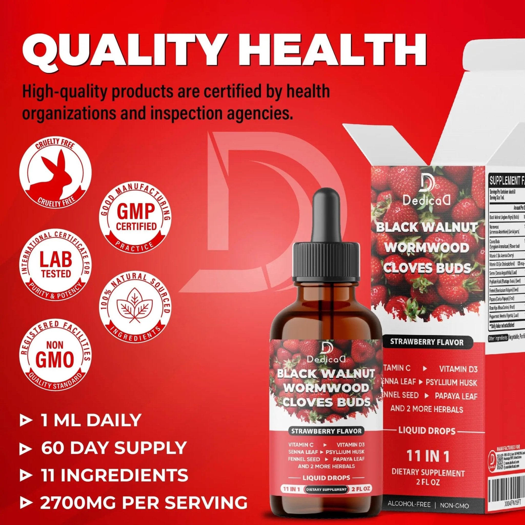 DEDICAD 11in1 Black Walnut Wormwood Cloves Liquid Drops with Cloves Buds, Senna Leaf, Psyllium Husk, Fennel Seed, Papaya Leaf and More - 2 oz Fl - 60 Days - Strawberry Flavor - TrustMedUSA