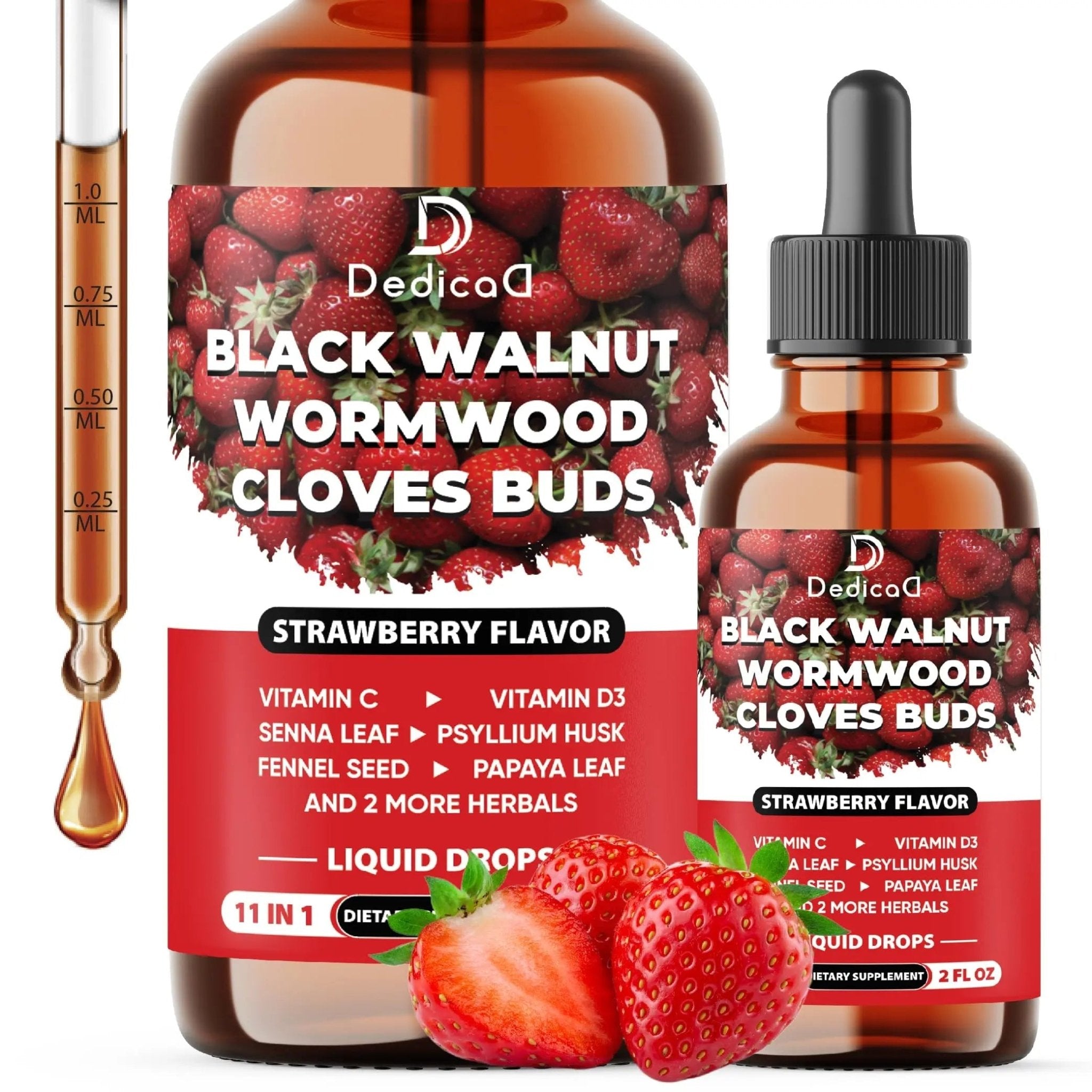 DEDICAD 11in1 Black Walnut Wormwood Cloves Liquid Drops with Cloves Buds, Senna Leaf, Psyllium Husk, Fennel Seed, Papaya Leaf and More - 2 oz Fl - 60 Days - Strawberry Flavor - TrustMedUSA