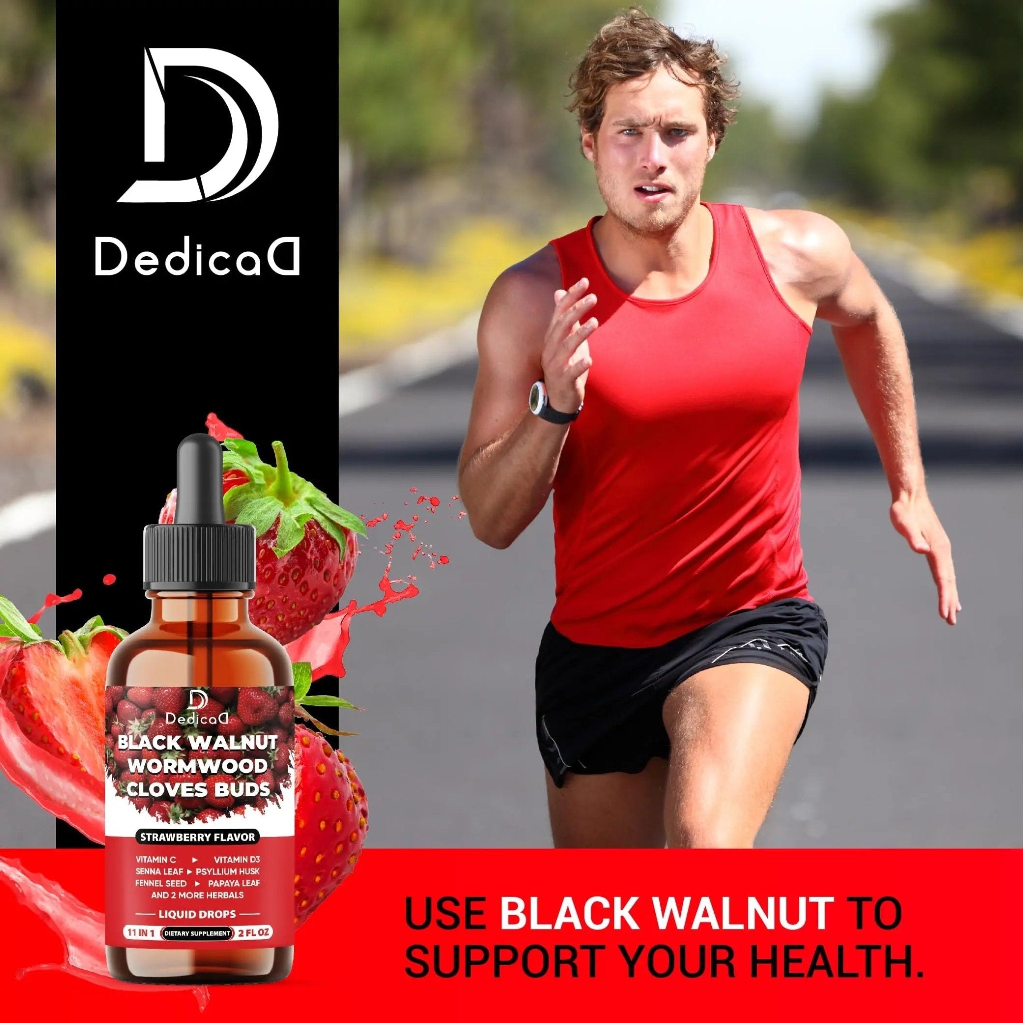 DEDICAD 11in1 Black Walnut Wormwood Cloves Liquid Drops with Cloves Buds, Senna Leaf, Psyllium Husk, Fennel Seed, Papaya Leaf and More - 2 oz Fl - 60 Days - Strawberry Flavor - TrustMedUSA