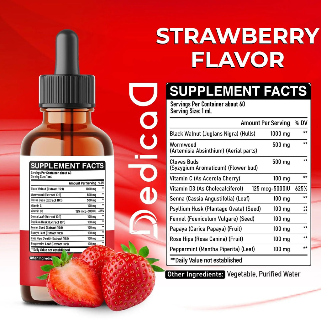DEDICAD 11in1 Black Walnut Wormwood Cloves Liquid Drops with Cloves Buds, Senna Leaf, Psyllium Husk, Fennel Seed, Papaya Leaf and More - 2 oz Fl - 60 Days - Strawberry Flavor - TrustMedUSA