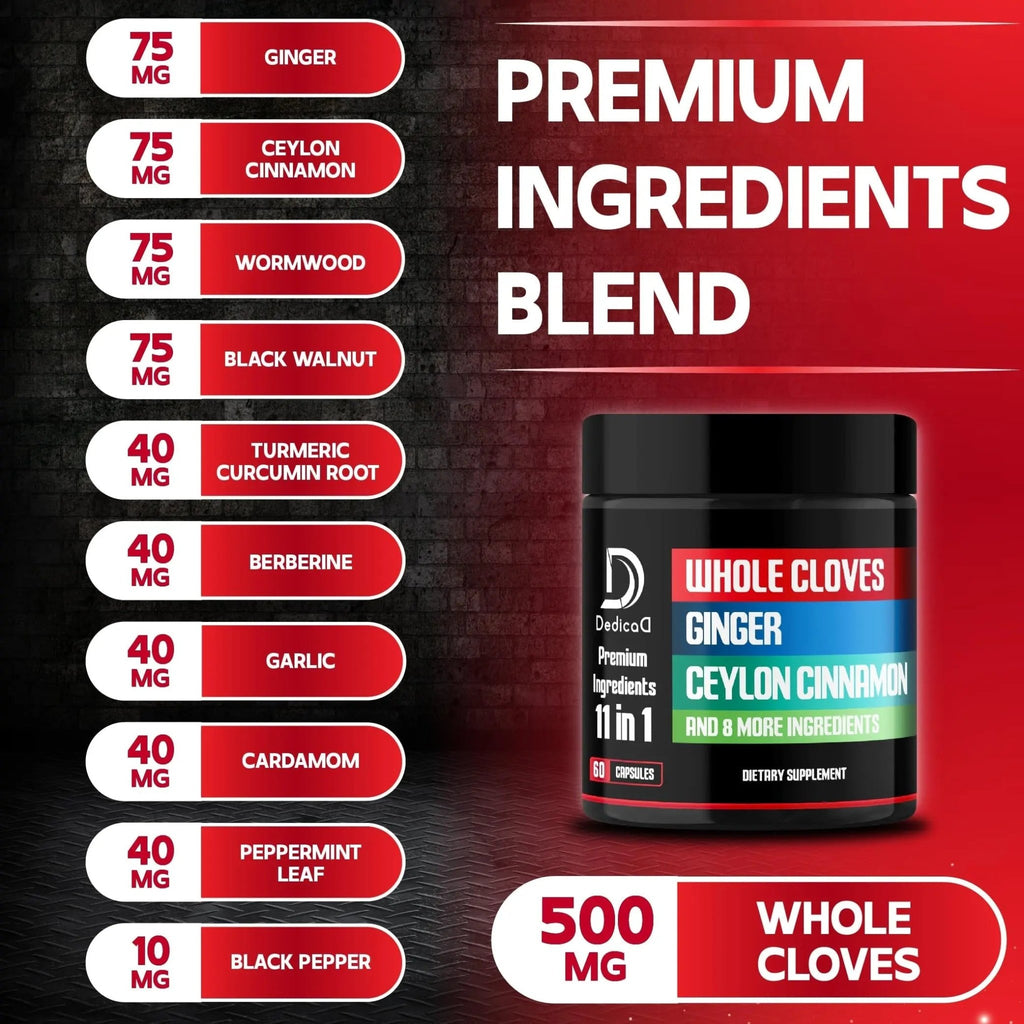 DEDICAD 11in1 Cloves Supplement with Ginger, Ceylon Cinnamon and 8 Other More - Digestive, Immune System, Mood Support - 60 Capsules - 30 Days Supply - TrustMedUSA