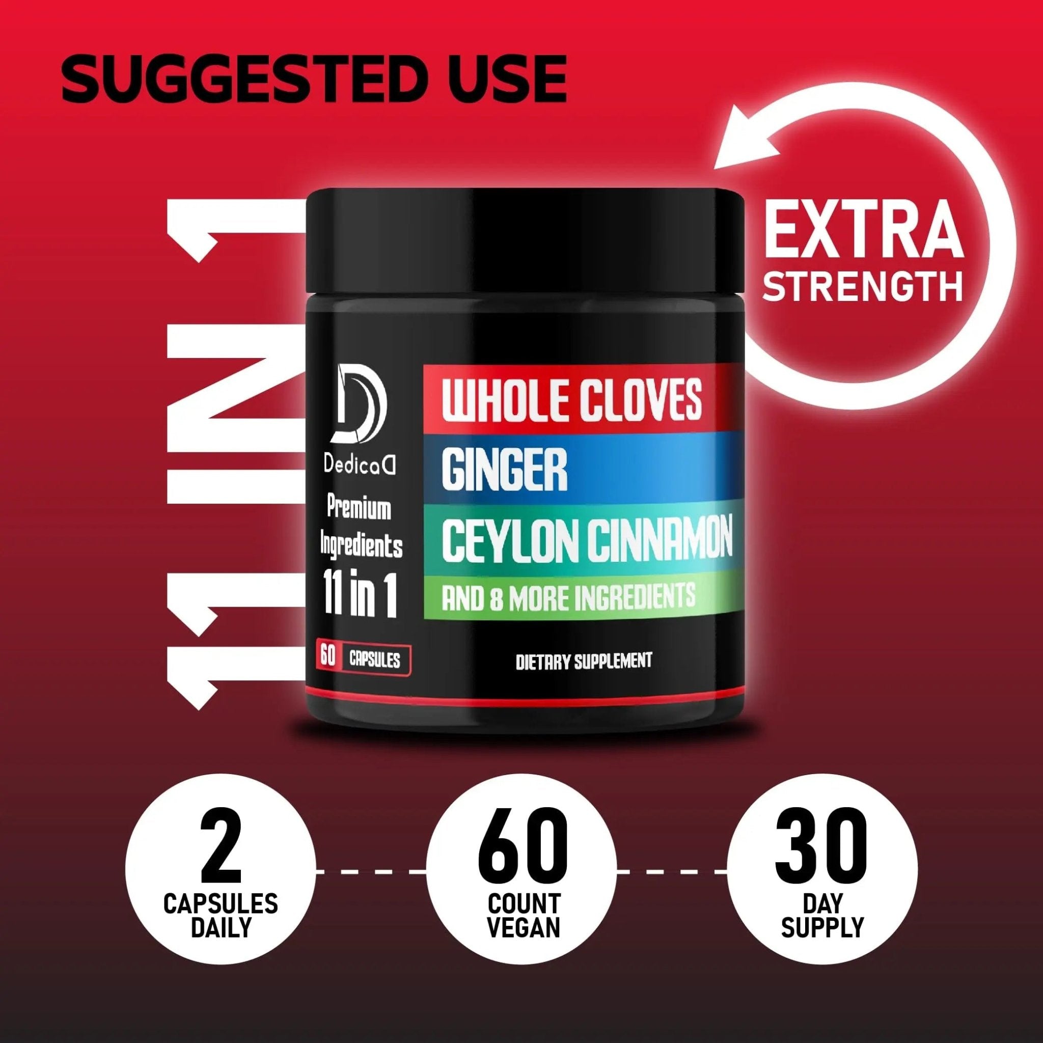DEDICAD 11in1 Cloves Supplement with Ginger, Ceylon Cinnamon and 8 Other More - Digestive, Immune System, Mood Support - 60 Capsules - 30 Days Supply - TrustMedUSA