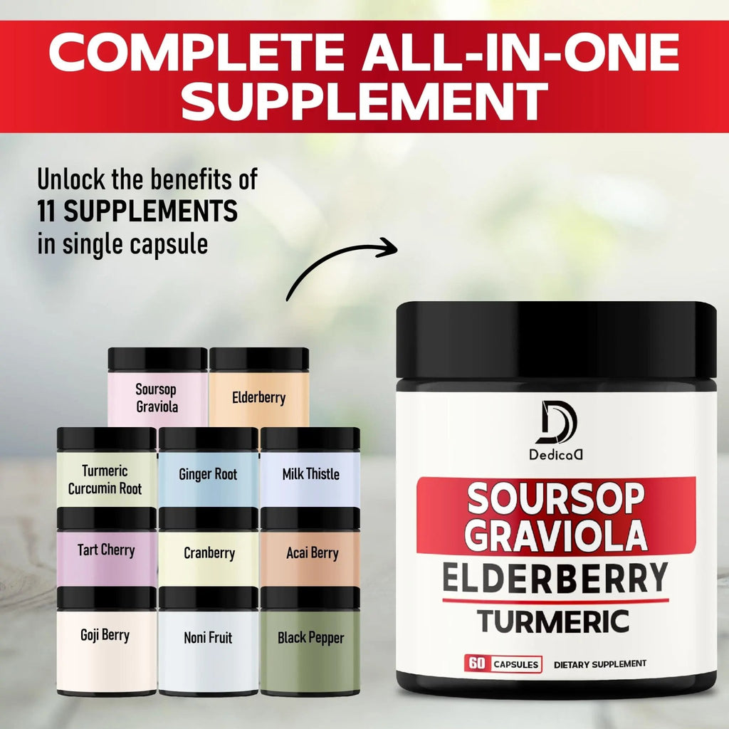 DEDICAD 11in1 Graviola Soursop Capsules - Blended with Elderberry, Turmeric, Ginger, Milk Thistle, Cranberry & More - Support Positive Mood, Immune System & Body Management - TrustMedUSA