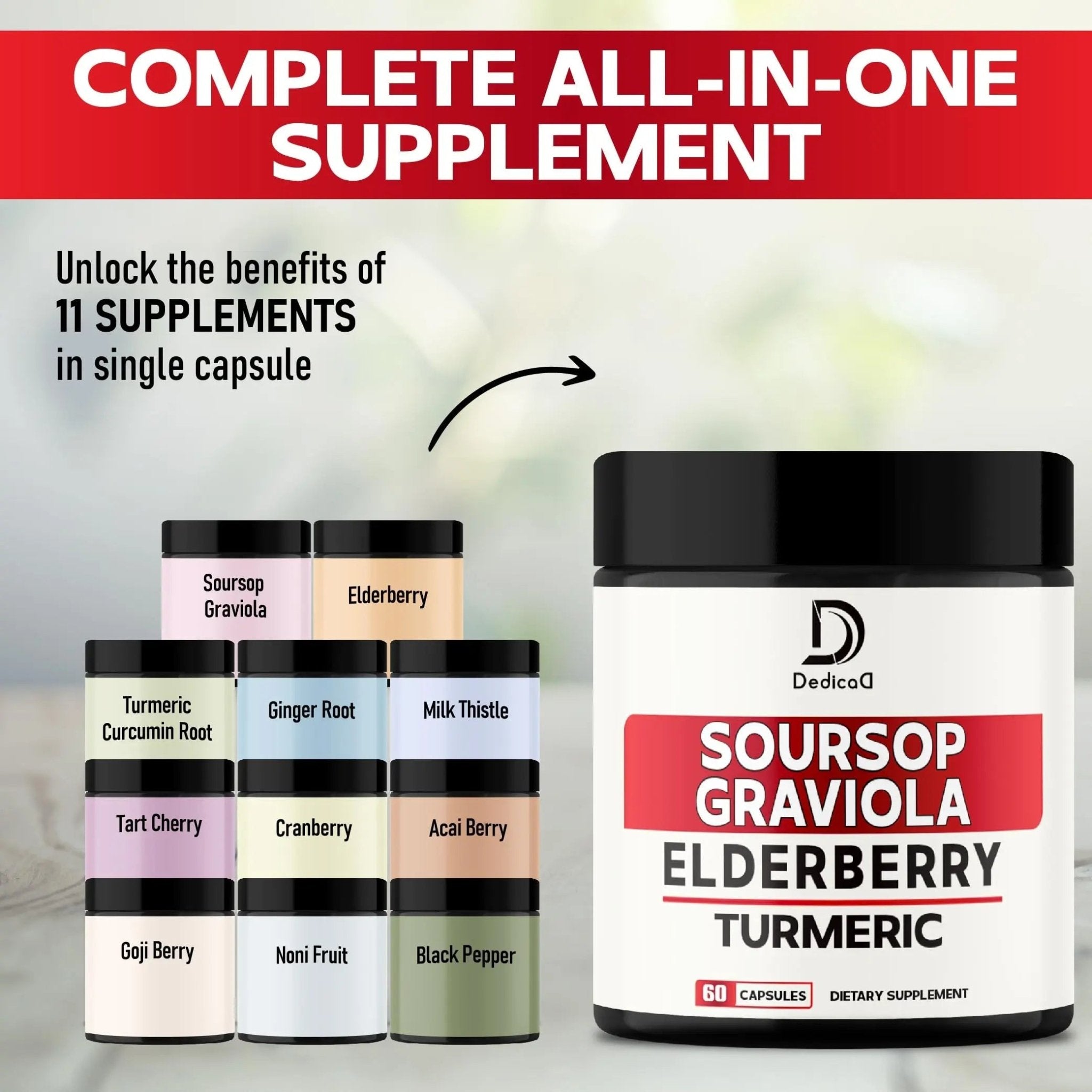 DEDICAD 11in1 Graviola Soursop Capsules - Blended with Elderberry, Turmeric, Ginger, Milk Thistle, Cranberry & More - Support Positive Mood, Immune System & Body Management - TrustMedUSA