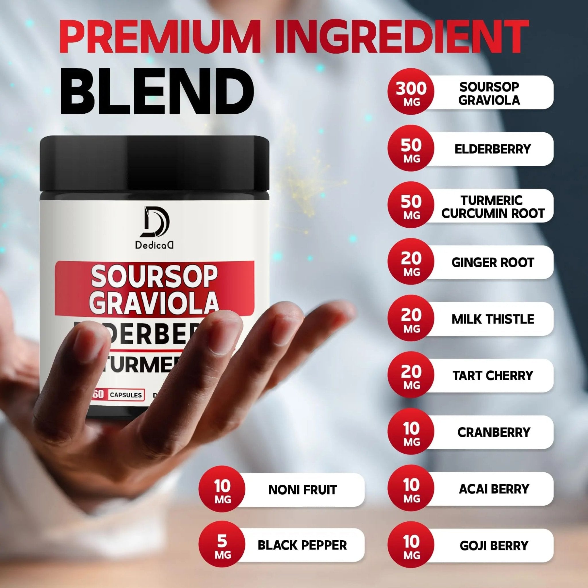 DEDICAD 11in1 Graviola Soursop Capsules - Blended with Elderberry, Turmeric, Ginger, Milk Thistle, Cranberry & More - Support Positive Mood, Immune System & Body Management - TrustMedUSA
