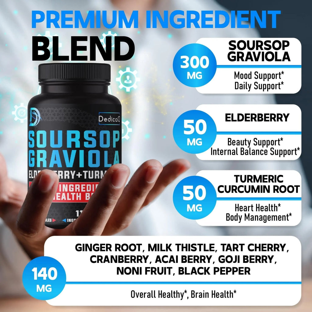 DEDICAD 11in1 Graviola Soursop Capsules for 5 Months Supply with Soursop Fruit, Elderberry, Turmeric, Ginger, Milk Thistle, Cranberry & More - Mood - 150 Vegan Capsules - TrustMedUSA