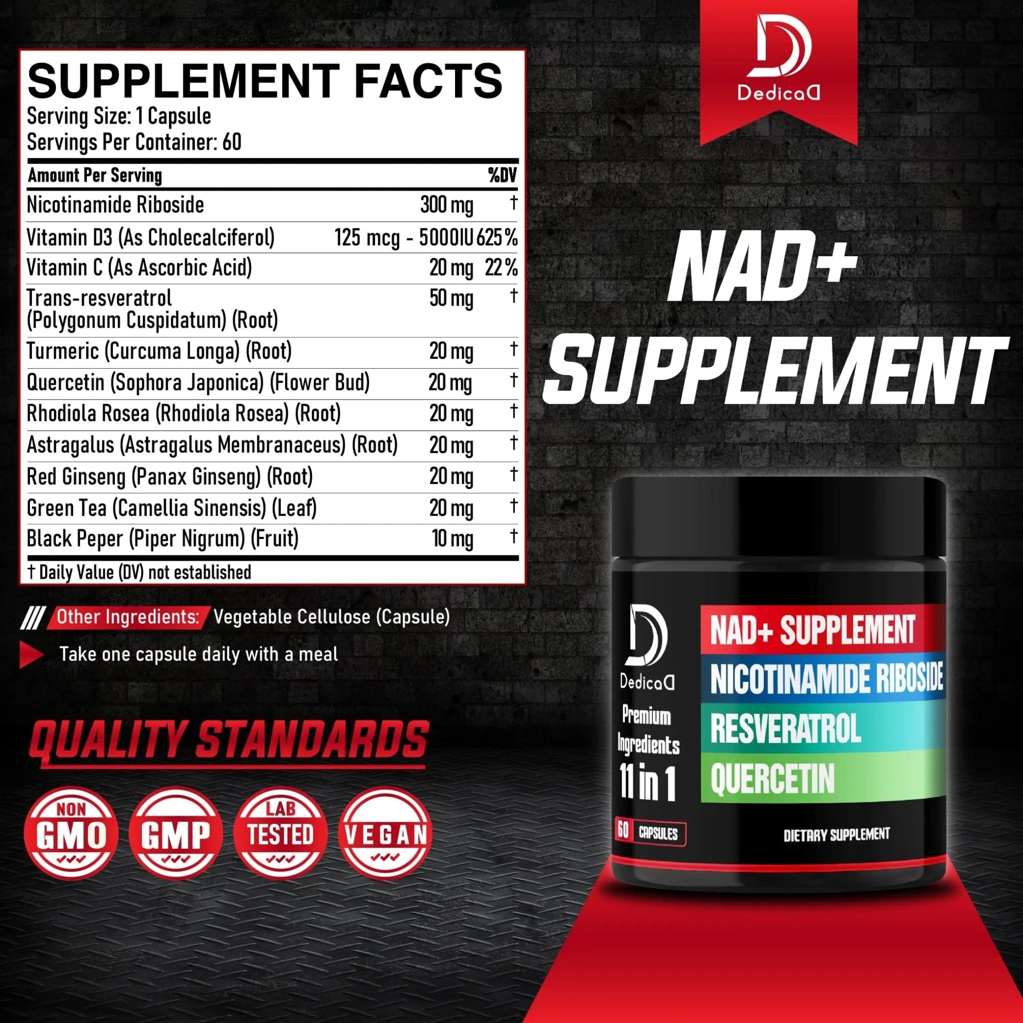 DEDICAD 11in1 NAD Supplement with Nicotinamide Riboside, Quercetin, Resveratrol and 8 More - 2 Month Supply - TrustMedUSA