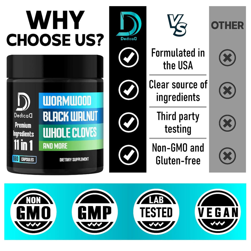 DEDICAD 11in1 Wormwood Capsules - 180 Capsules Extracted from Black Walnut, Cloves, Ginger, Turmeric, Apple, Berberine HCl & More - Support Immune System for 3 Months - TrustMedUSA