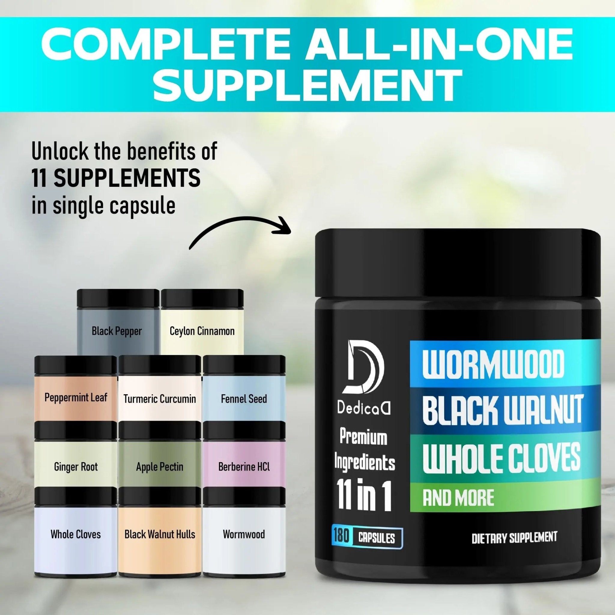 DEDICAD 11in1 Wormwood Capsules - 180 Capsules Extracted from Black Walnut, Cloves, Ginger, Turmeric, Apple, Berberine HCl & More - Support Immune System for 3 Months - TrustMedUSA