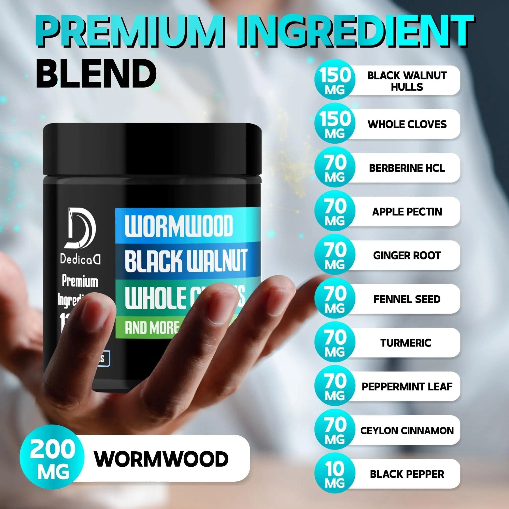 DEDICAD 11in1 Wormwood Capsules - 180 Capsules Extracted from Black Walnut, Cloves, Ginger, Turmeric, Apple, Berberine HCl & More - Support Immune System for 3 Months - TrustMedUSA