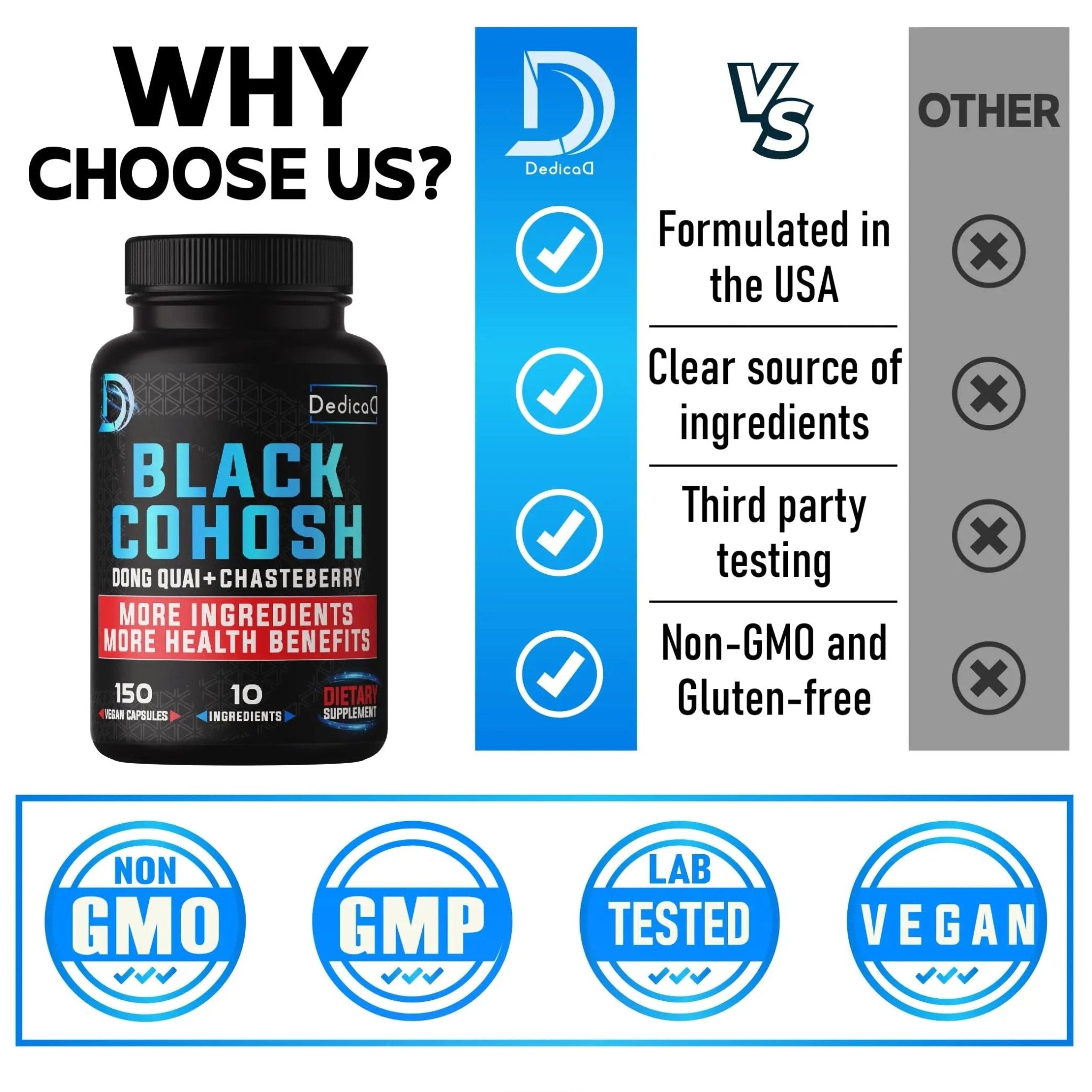 DEDICAD 12in1 Black Cohosh 5-Month Supply for Menopause Support Supplement with Dong Quai, Chasteberry, Red Raspberry, Licorice, Wild Yam & More - 150 Capsules - TrustMedUSA