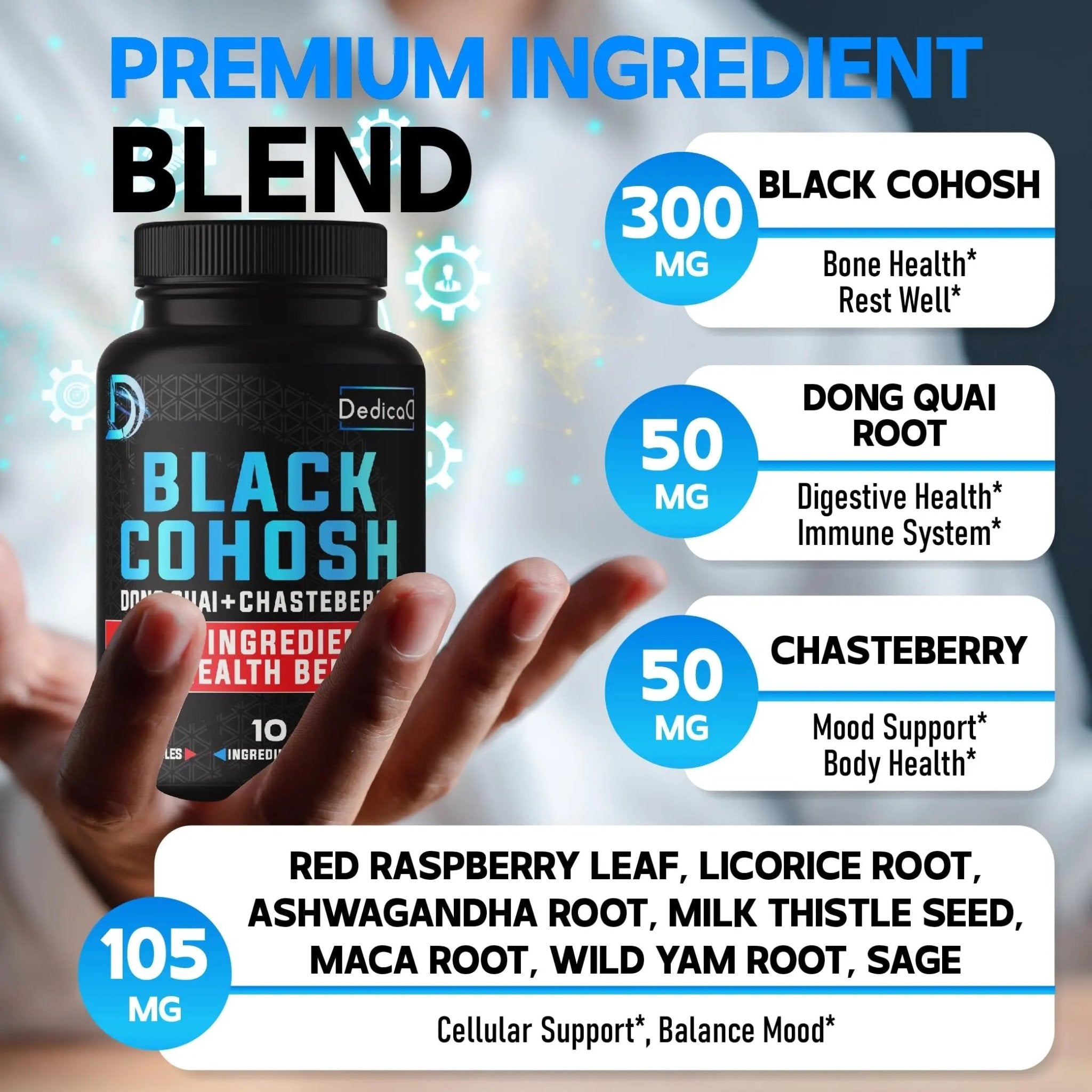 DEDICAD 12in1 Black Cohosh 5-Month Supply for Menopause Support Supplement with Dong Quai, Chasteberry, Red Raspberry, Licorice, Wild Yam & More - 150 Capsules - TrustMedUSA