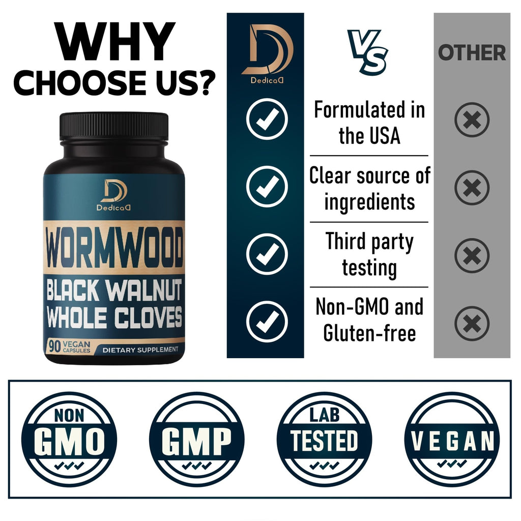DEDICAD 12in1 Wormwood Black Walnut Clove Capsules - Immune, and Mood Support - 3 Month Supply - 90 Vegan Capsules - TrustMedUSA