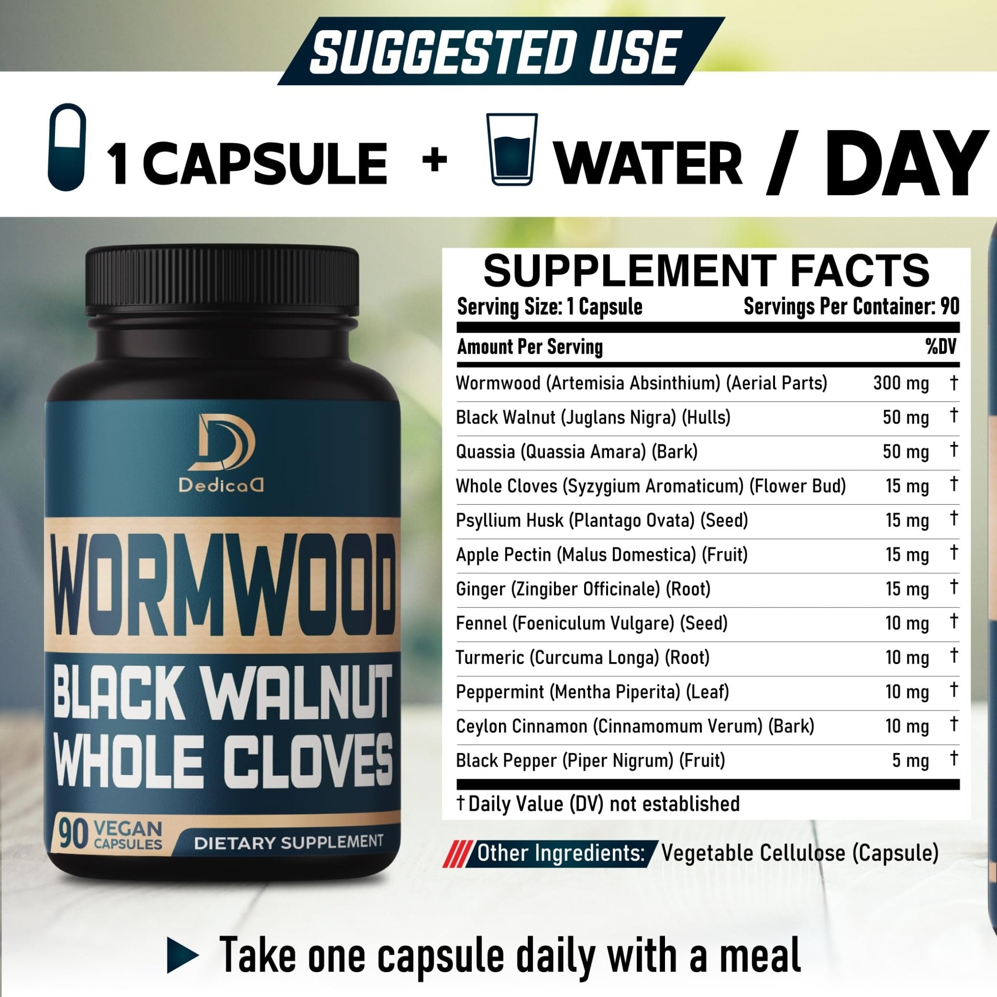 DEDICAD 12in1 Wormwood Black Walnut Clove Capsules - Immune, and Mood Support - 3 Month Supply - 90 Vegan Capsules - TrustMedUSA