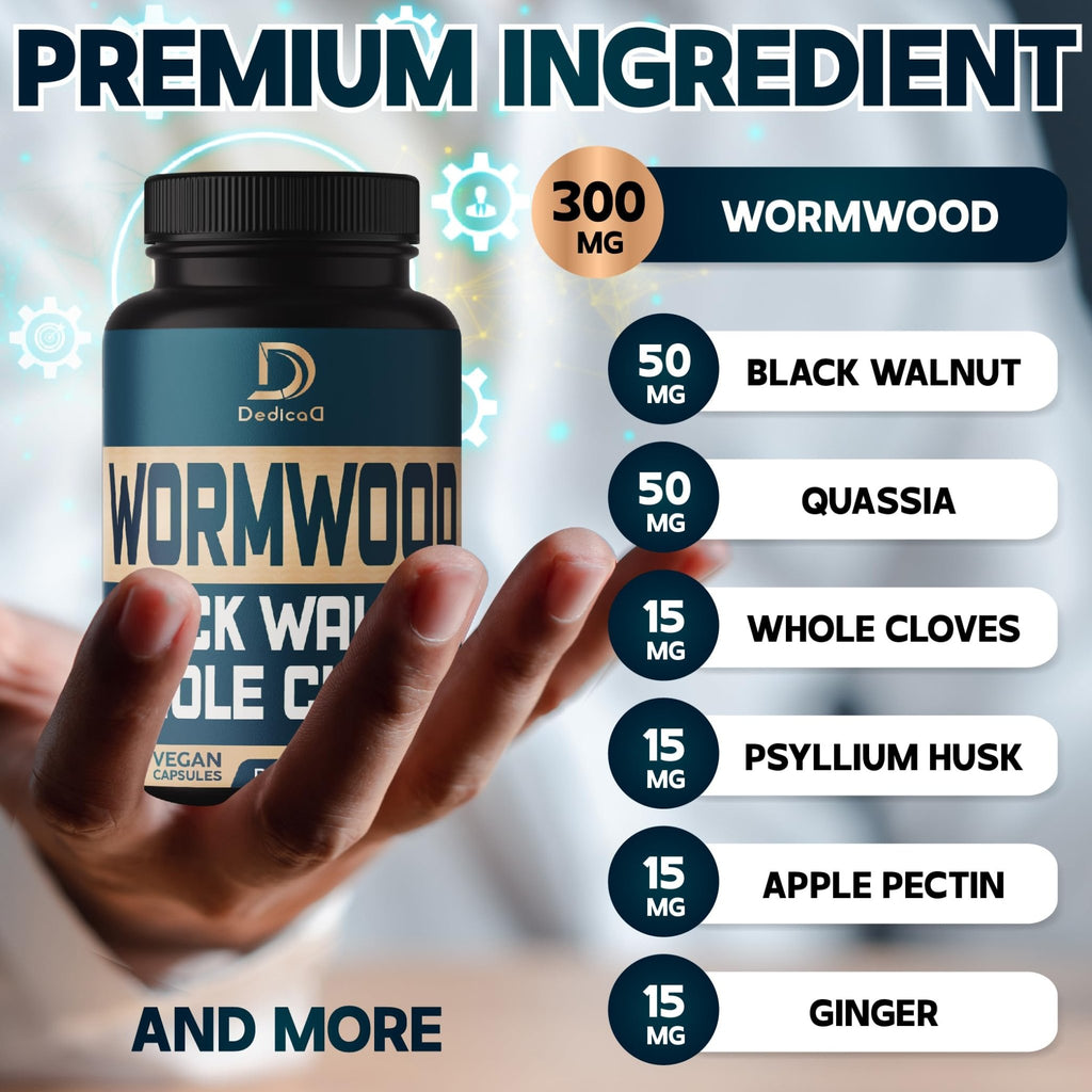 DEDICAD 12in1 Wormwood Black Walnut Clove Capsules - Immune, and Mood Support - 3 Month Supply - 90 Vegan Capsules - TrustMedUSA