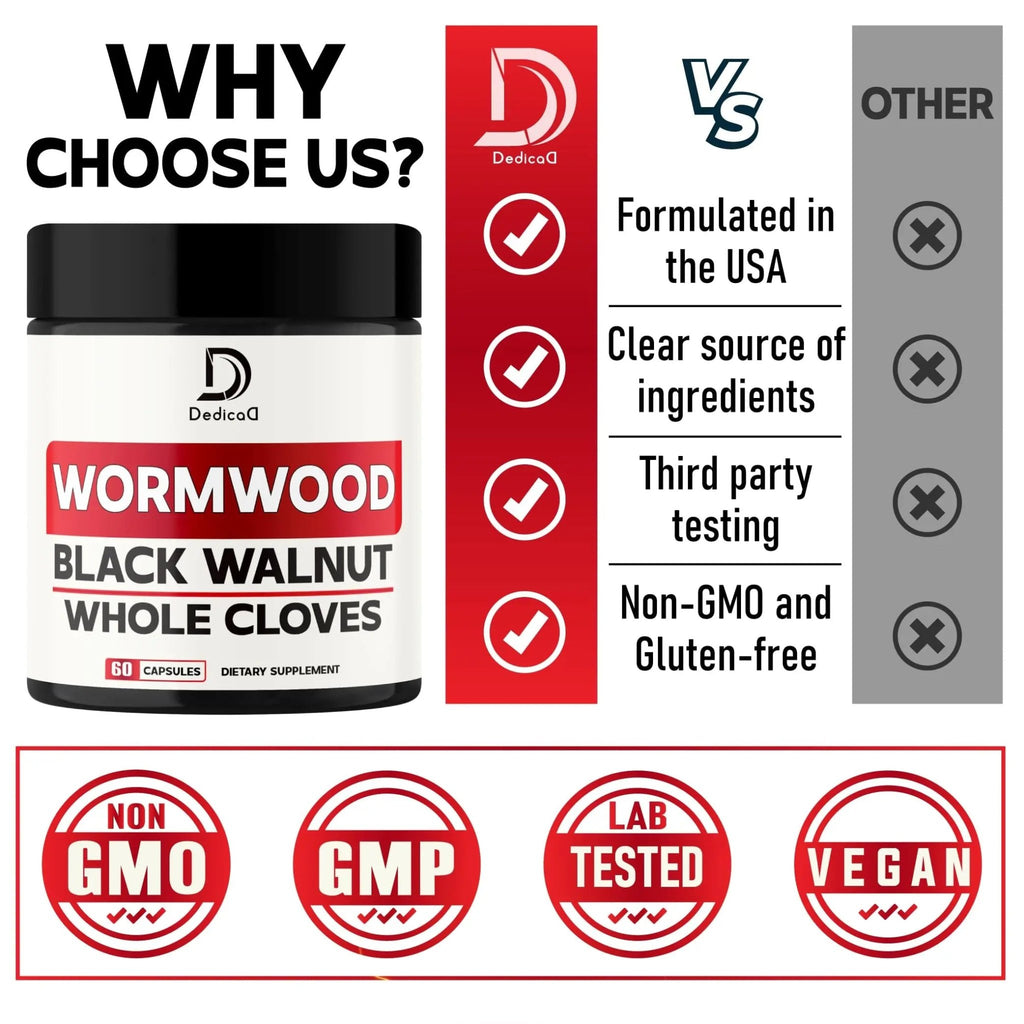 DEDICAD 12in1 Wormwood Capsules Black Walnut Cloves, Ginger, Turmeric Curcumin & Black Pepper - Immune System - 60 Capsules - TrustMedUSA