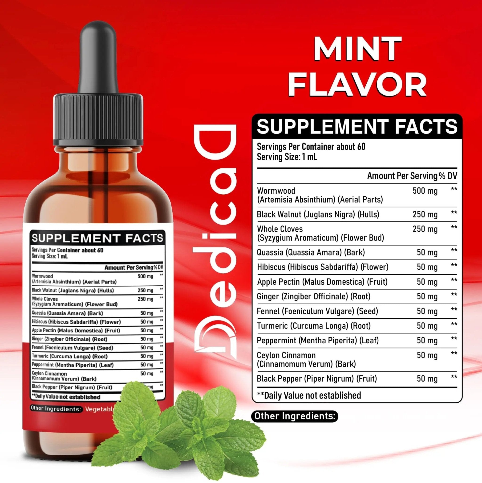 DEDICAD 12in1 Wormwood Liquid Drops Added Black Walnut, Whole Cloves and 9 More Herbs - 2 Fl Oz - 60 Days Supply - Mint Flavor - TrustMedUSA