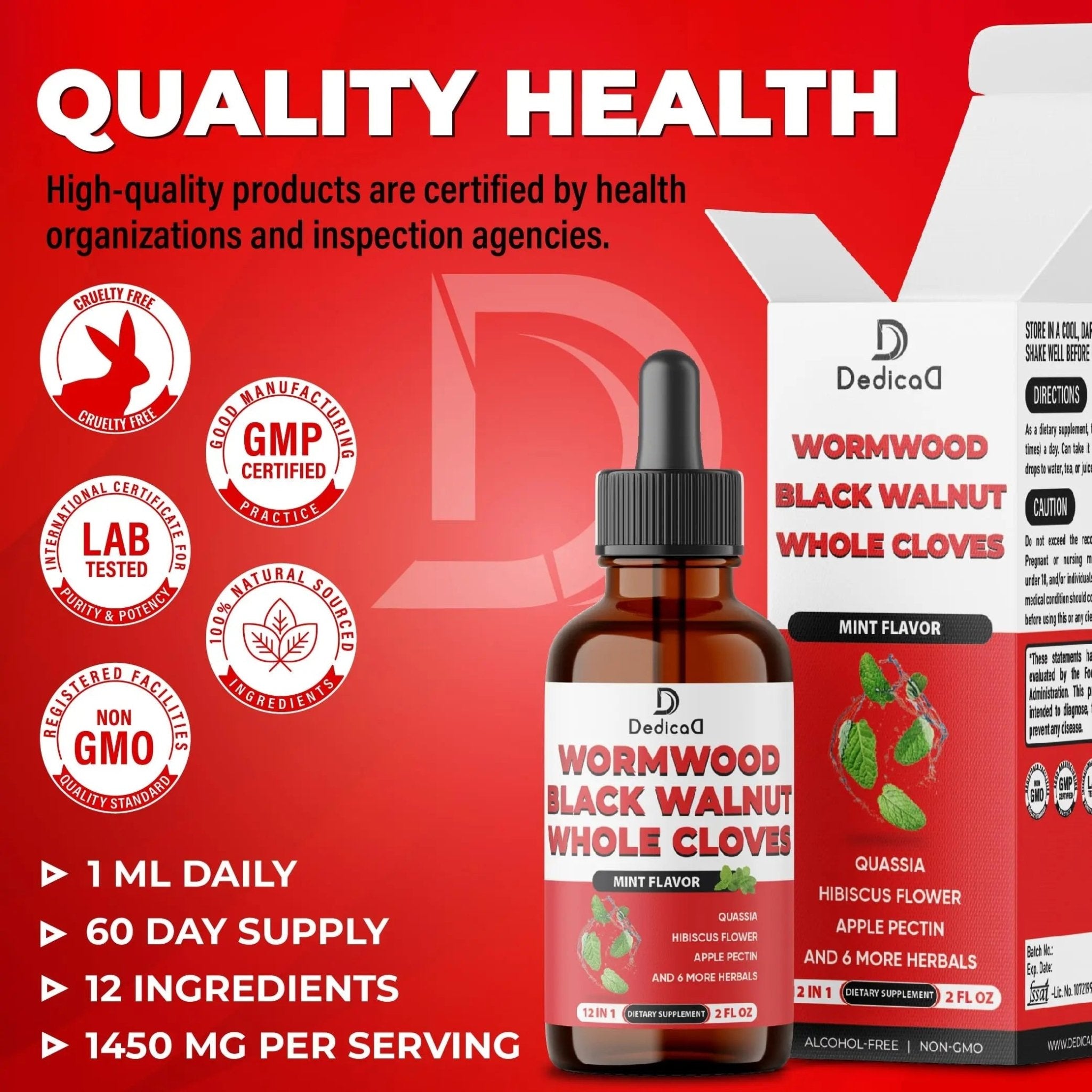 DEDICAD 12in1 Wormwood Liquid Drops Added Black Walnut, Whole Cloves and 9 More Herbs - 2 Fl Oz - 60 Days Supply - Mint Flavor - TrustMedUSA