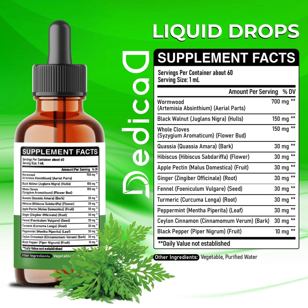DEDICAD 12in1 Wormwood Liquid Drops - Black Walnut Wormwood Tincture Liquid Extract Whole Cloves and 9 More Herbs - 60 Days Supply - TrustMedUSA