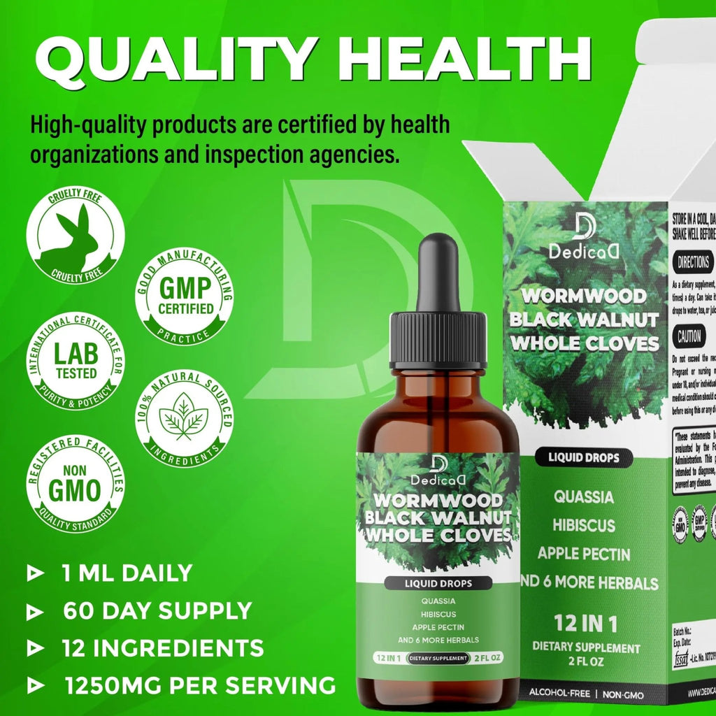 DEDICAD 12in1 Wormwood Liquid Drops - Black Walnut Wormwood Tincture Liquid Extract Whole Cloves and 9 More Herbs - 60 Days Supply - TrustMedUSA