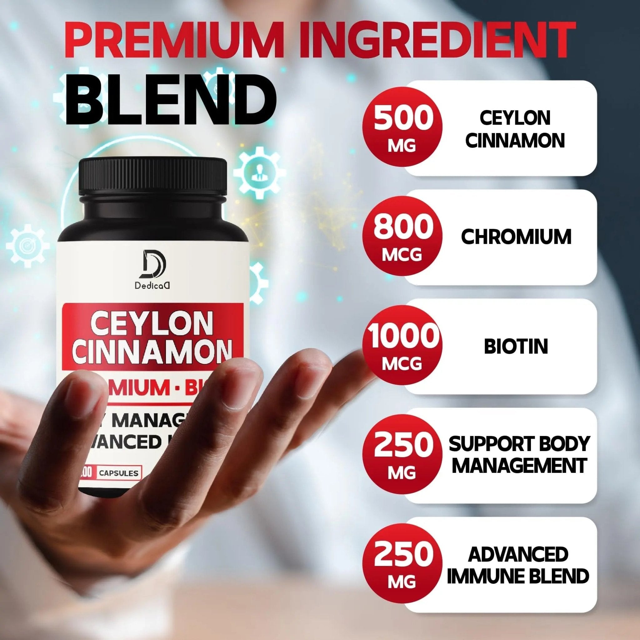 DEDICAD 13in1 Ceylon Cinnamon Capsules - 200 Capsules with Chromium Picolinate, Biotin, Grape Seed, Elderberry & More - TrustMedUSA