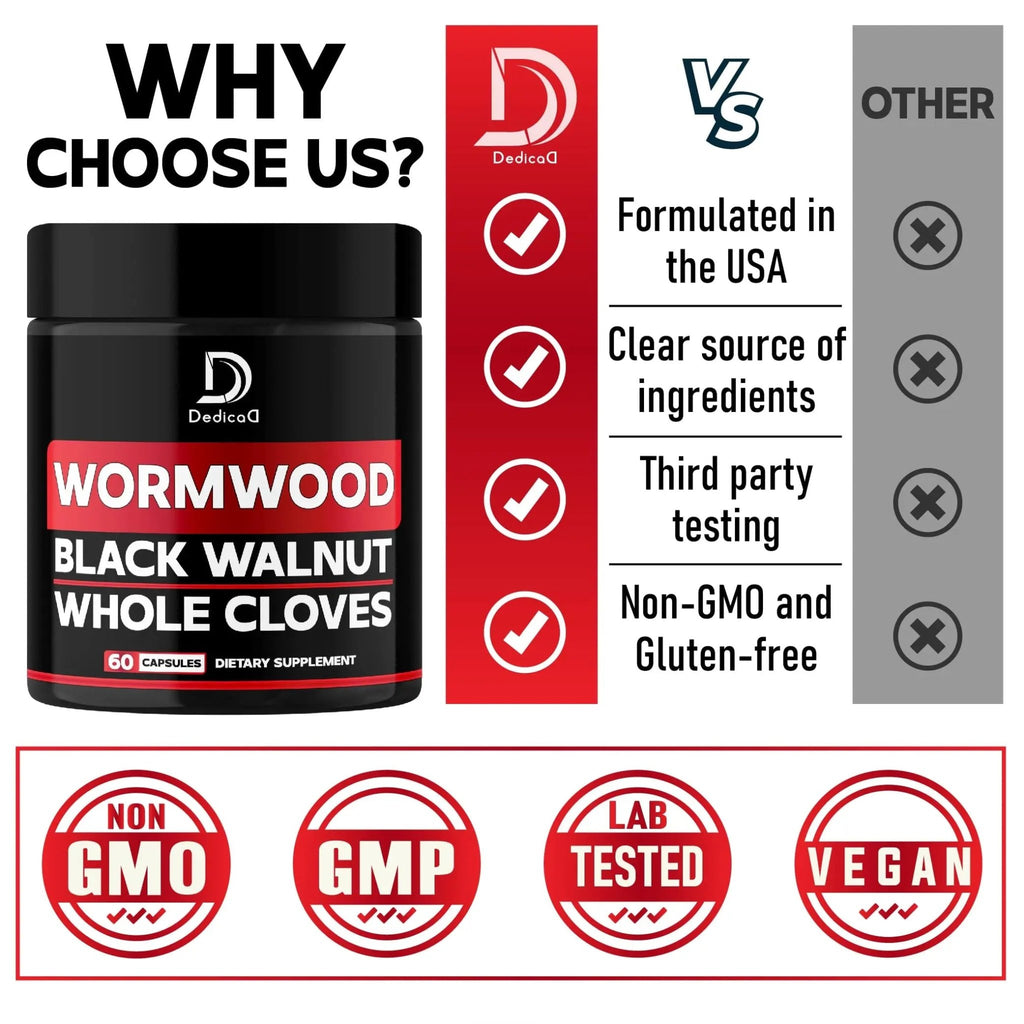 DEDICAD 1500mg Wormwood Capsules with Black Walnut & Cloves - Artemisia Annua Supplement for Immunity - 60 Vegan Capsules - TrustMedUSA