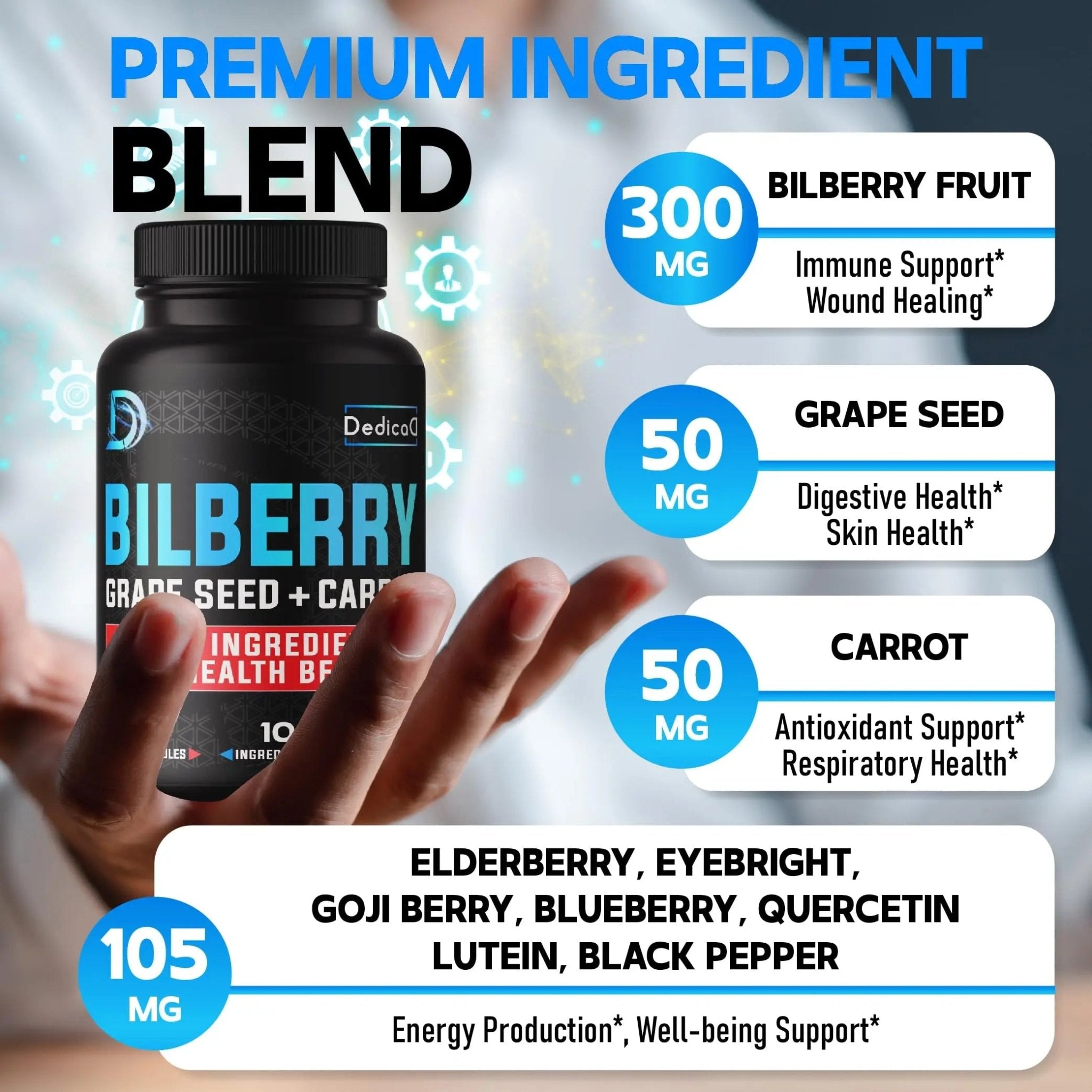 DEDICAD 20:1 Bilberry Extract Capsules - 5 Month Supply - Support Eyes, Vision & Heart Health - 10in1 Plus Grape Seed, Carrot, Elderberry, Eyebright & Others - 150 Counts - TrustMedUSA