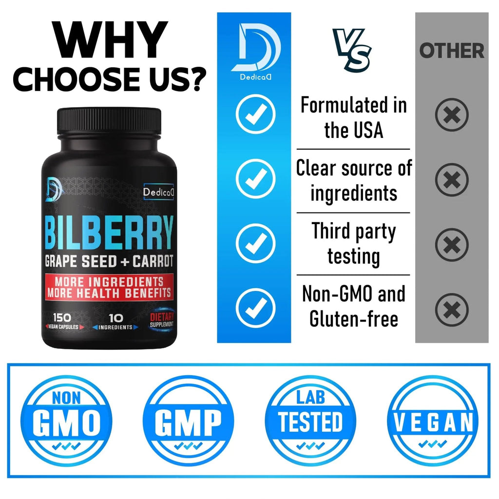 DEDICAD 20:1 Bilberry Extract Capsules - 5 Month Supply - Support Eyes, Vision & Heart Health - 10in1 Plus Grape Seed, Carrot, Elderberry, Eyebright & Others - 150 Counts - TrustMedUSA