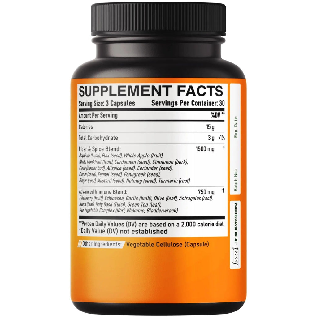 DEDICAD 27in1 Fiber and Spice Supplement - Combined with Organic Psyllium, Whole Apple, Elderberry & More - Support Mood, Body & Immunity - 90 Capsules for 1 Month - TrustMedUSA