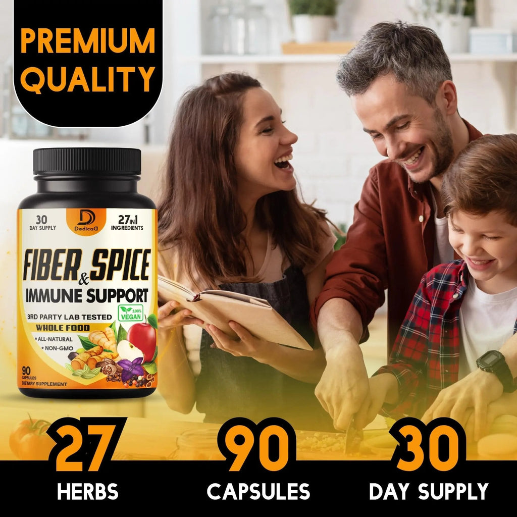 DEDICAD 27in1 Fiber and Spice Supplement - Combined with Organic Psyllium, Whole Apple, Elderberry & More - Support Mood, Body & Immunity - 90 Capsules for 1 Month - TrustMedUSA
