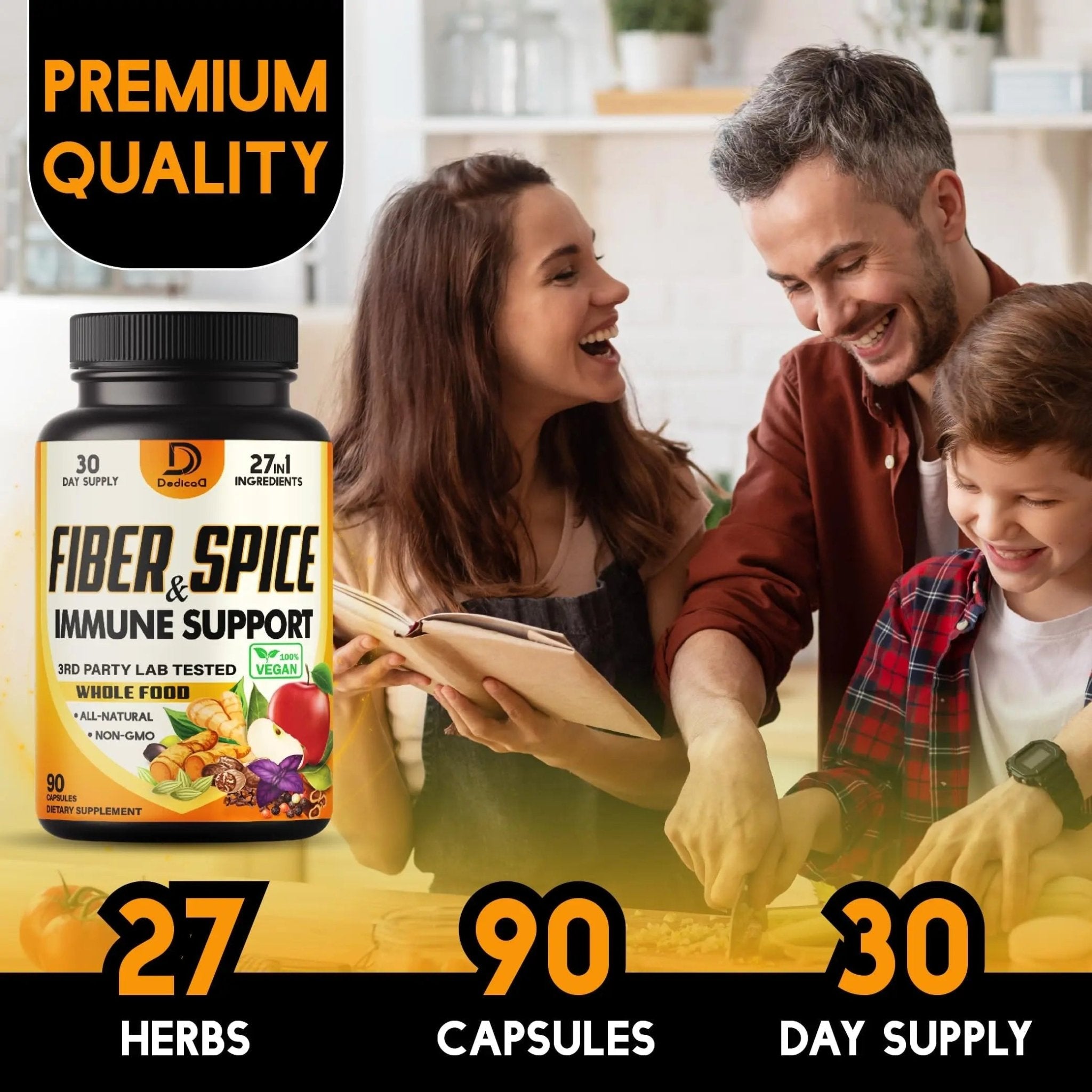 DEDICAD 27in1 Fiber and Spice Supplement - Combined with Organic Psyllium, Whole Apple, Elderberry & More - Support Mood, Body & Immunity - 90 Capsules for 1 Month - TrustMedUSA