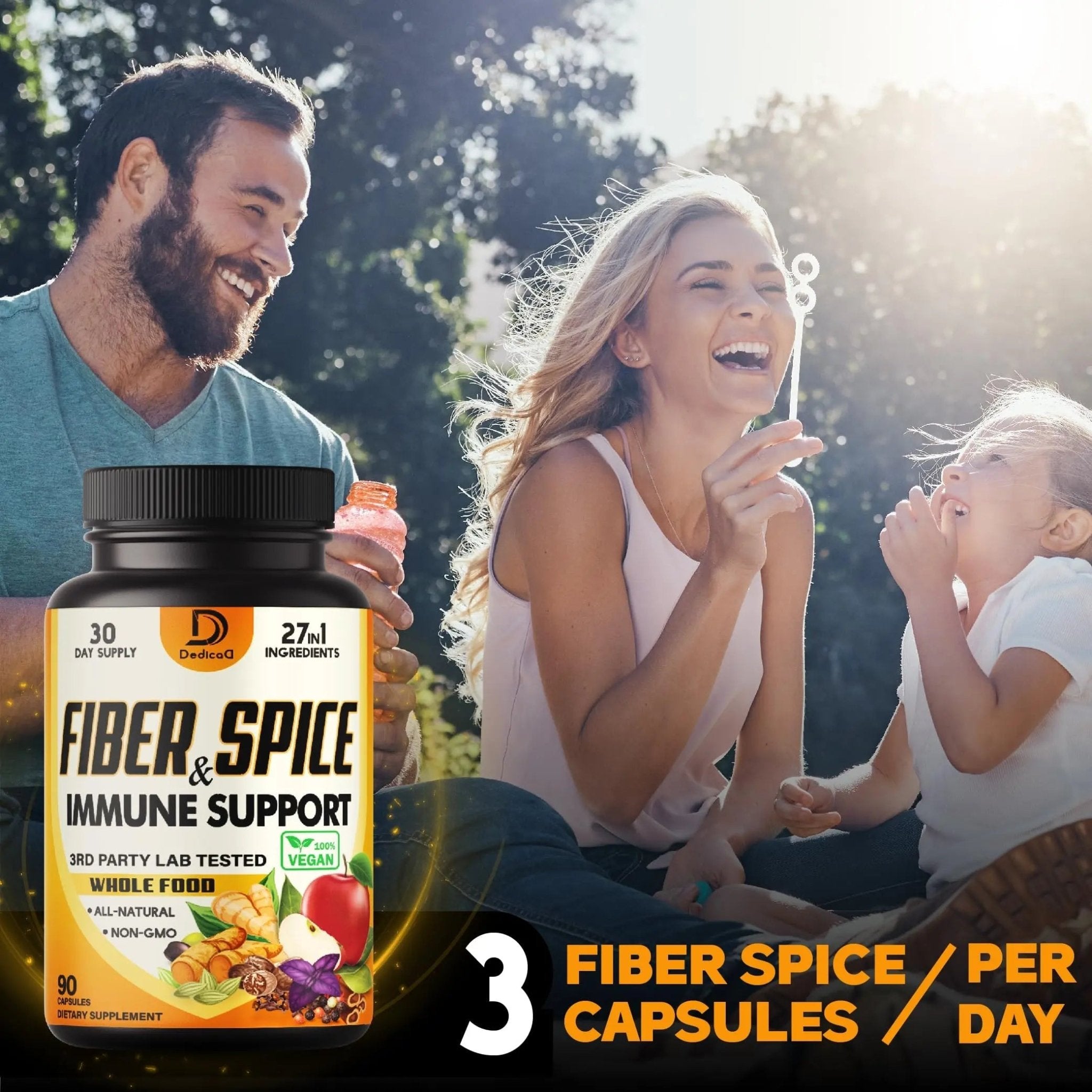 DEDICAD 27in1 Fiber and Spice Supplement - Combined with Organic Psyllium, Whole Apple, Elderberry & More - Support Mood, Body & Immunity - 90 Capsules for 1 Month - TrustMedUSA