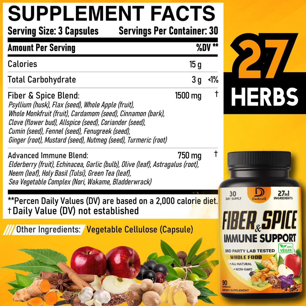 DEDICAD 27in1 Fiber and Spice Supplement - Combined with Organic Psyllium, Whole Apple, Elderberry & More - Support Mood, Body & Immunity - 90 Capsules for 1 Month - TrustMedUSA