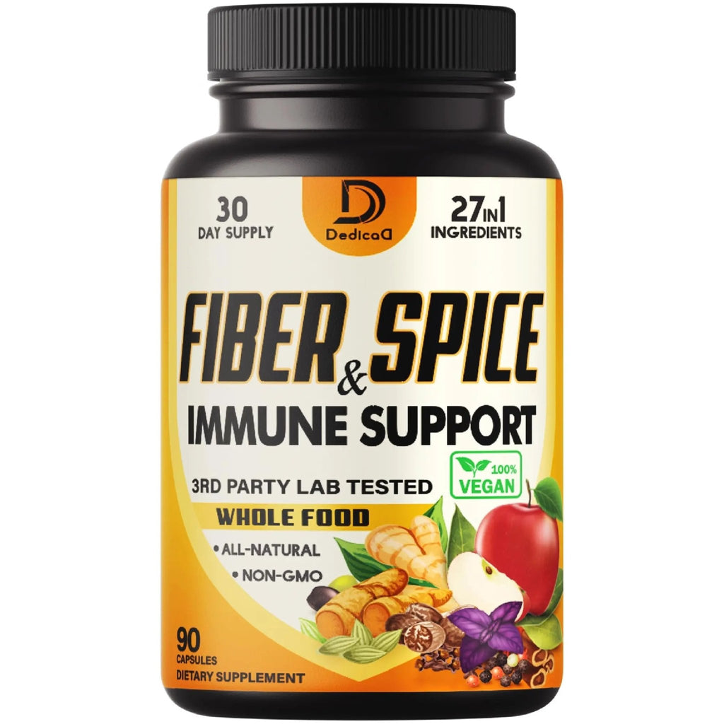 DEDICAD 27in1 Fiber and Spice Supplement - Combined with Organic Psyllium, Whole Apple, Elderberry & More - Support Mood, Body & Immunity - 90 Capsules for 1 Month - TrustMedUSA