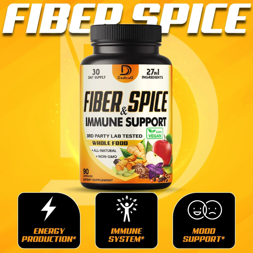 DEDICAD 27in1 Fiber and Spice Supplement - Combined with Organic Psyllium, Whole Apple, Elderberry & More - Support Mood, Body & Immunity - 90 Capsules for 1 Month - TrustMedUSA