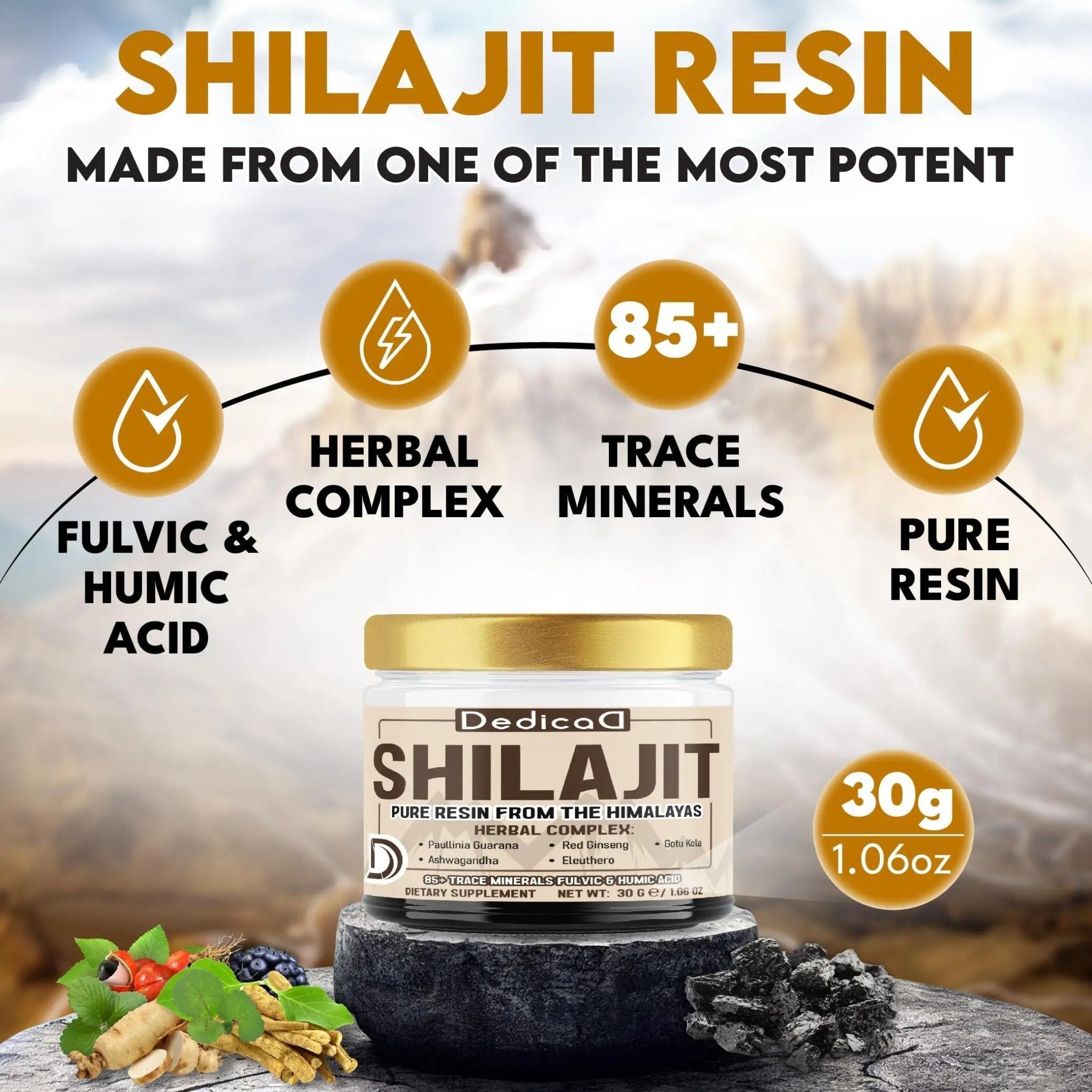 DEDICAD 30g Shilajit Resin with Herbal Complex - Paullinia Guarana, Gotu Kola Leaf & More - Shilajit Pure Himalayan Organic for Immune System, Energy Production, Brain Health & Stamina - TrustMedUSA