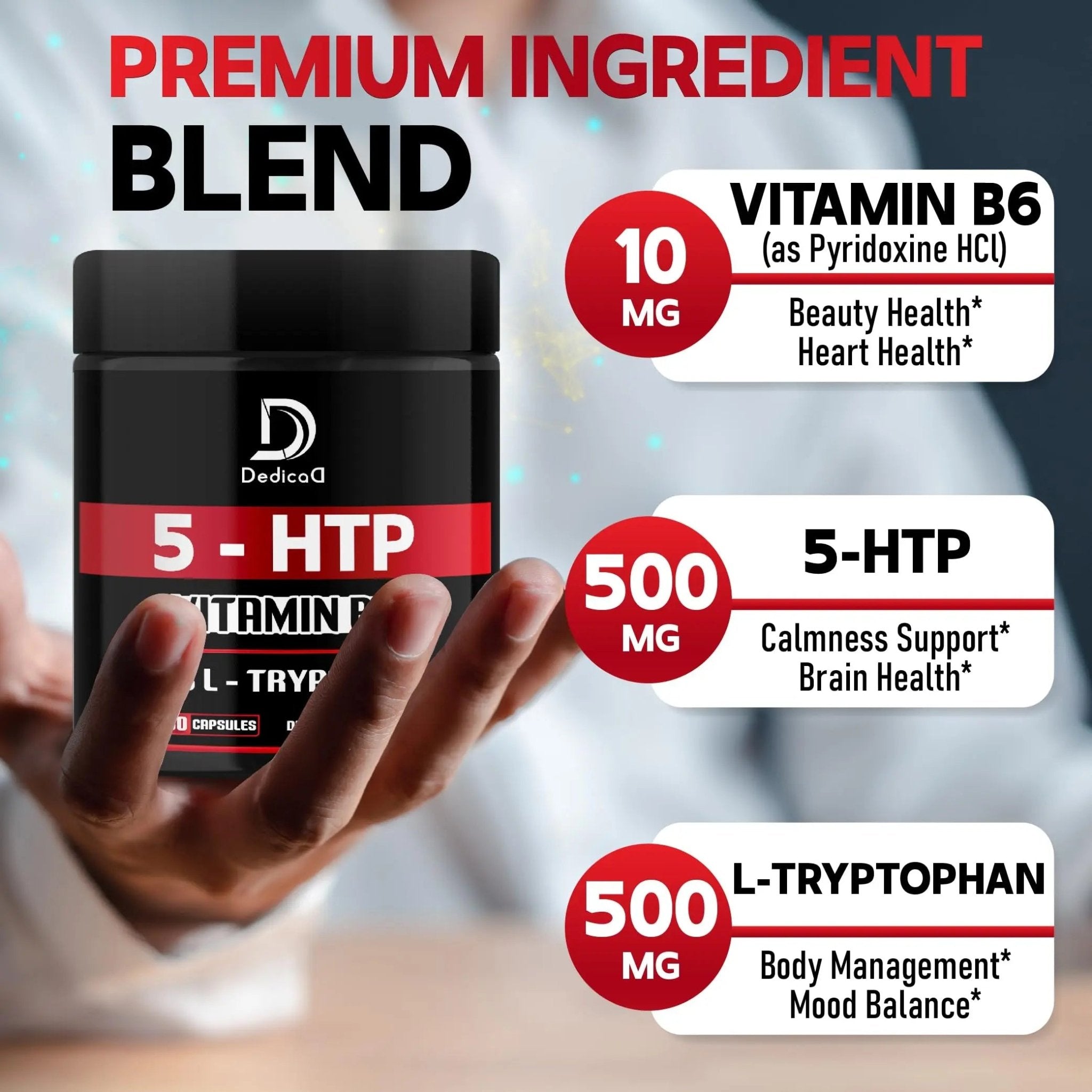 DEDICAD 5 HTP Supplement 1010mg - 60 Capsules - 3in1 Combined with Vitamin B6, L-Tryptophan - Comfortable Mood, Brain Health, Body Management & Immune System Support - TrustMedUSA