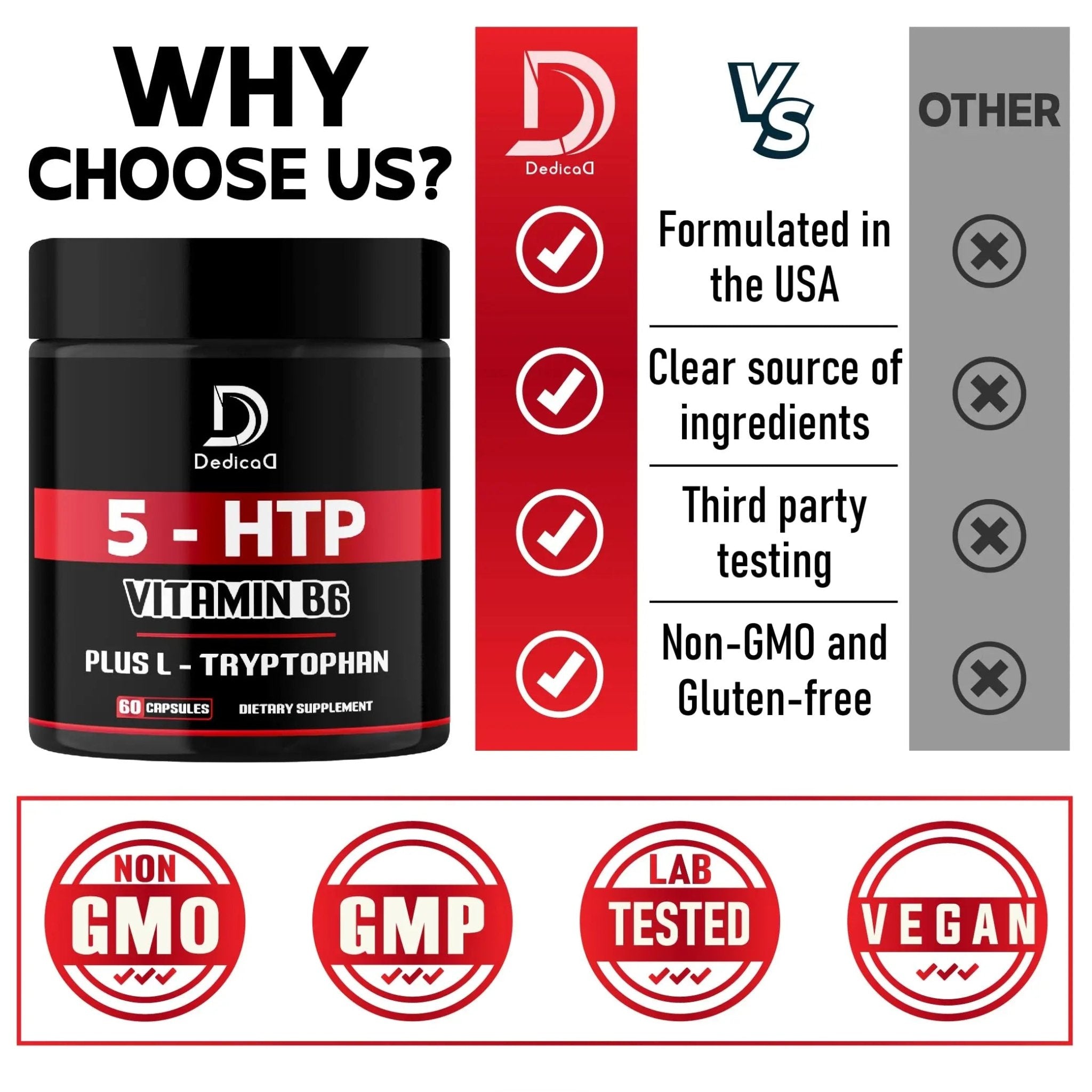 DEDICAD 5 HTP Supplement 1010mg - 60 Capsules - 3in1 Combined with Vitamin B6, L-Tryptophan - Comfortable Mood, Brain Health, Body Management & Immune System Support - TrustMedUSA