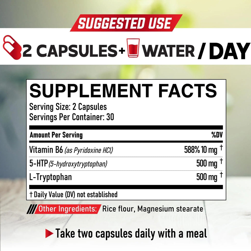 DEDICAD 5 HTP Supplement 1010mg - 60 Capsules - 3in1 Combined with Vitamin B6, L-Tryptophan - Comfortable Mood, Brain Health, Body Management & Immune System Support - TrustMedUSA
