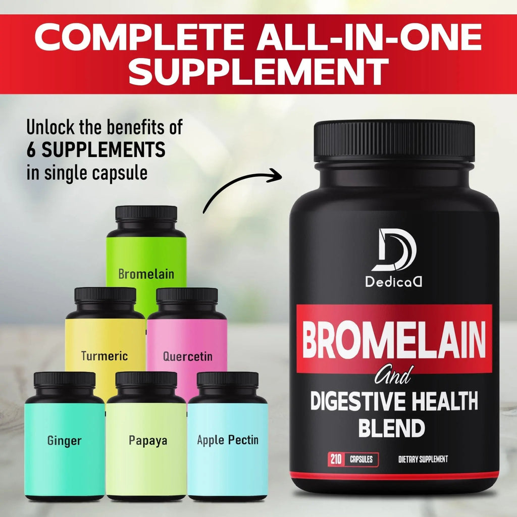 DEDICAD 6in1 Bromelain 500mg Supplement - 1000mg per Serving - 210 Capsules with Digestive Health Blend as Quercetin, Ginger, Turmeric, Papaya - Support Overall Health, Digestion & Immune System - TrustMedUSA
